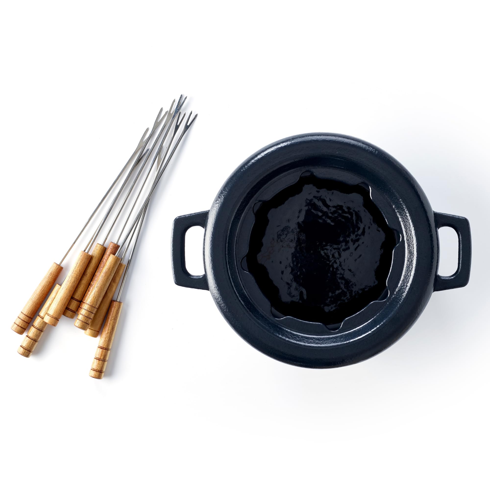 Alva Nori 2 Qt Enameled Cast Iron Fondue Set with 8 Wooden Forks & Adjustable Burner - Non-Toxic Cheese, Chocolate, and S'mores Fondue Pot - PFOA-Free, Easy Clean Melting Pot for Parties, Date Nights, and Family Gatherings