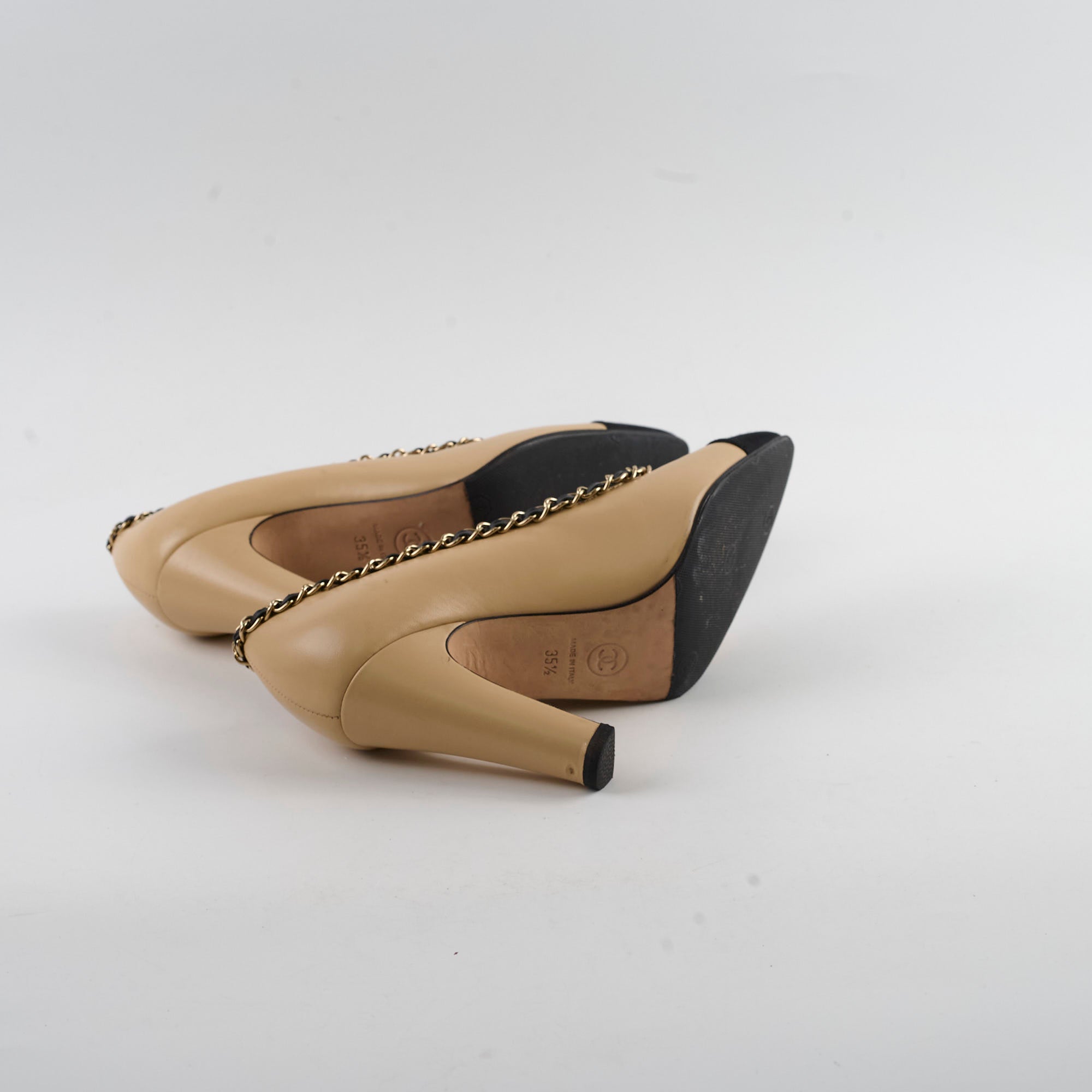 Chanel Beige Chain Cap Toe Pumps Women's Size 35.5 - Elegant Heels for Office, Party & Special Occasions