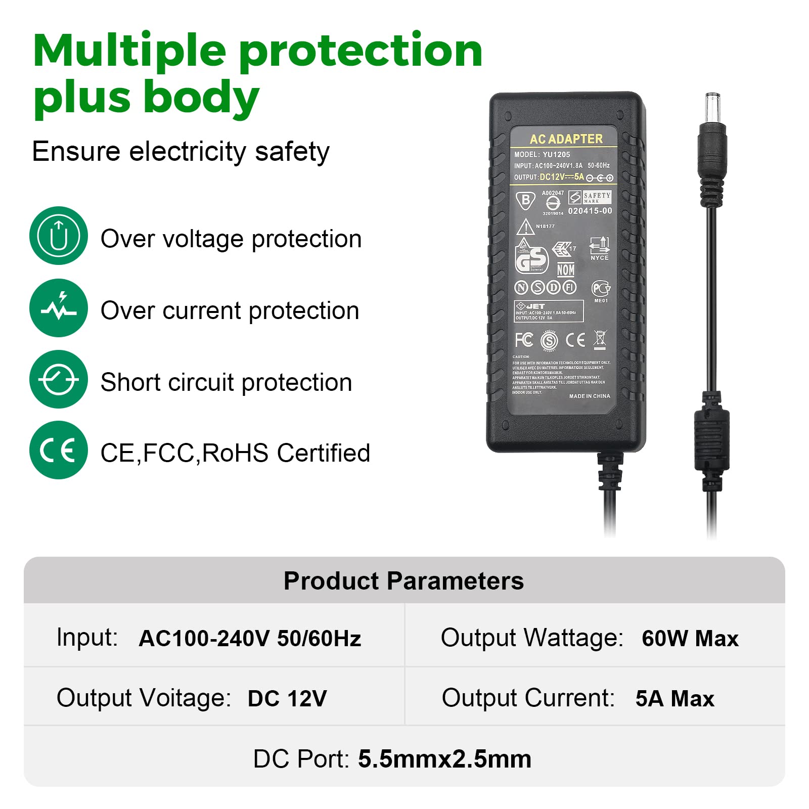 12V 5A 60W Power Adapter with 8-Way Splitter Cable - AC 100-240V to DC 12V Converter for CCTV Cameras, LED Strip Lights, Security Systems & Home Electronics - Perfect for Multi-Device Power Supply & DIY Lighting Projects