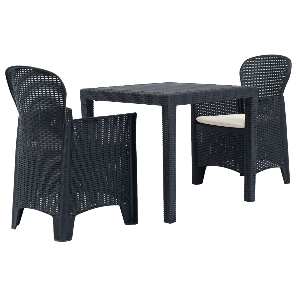 vidaXL 3-Piece Bistro Set, Outdoor Patio Furniture with Rattan Chairs & Cushions, Anthracite Plastic Garden Table Set - Perfect for Backyard, Balcony & Poolside Dining