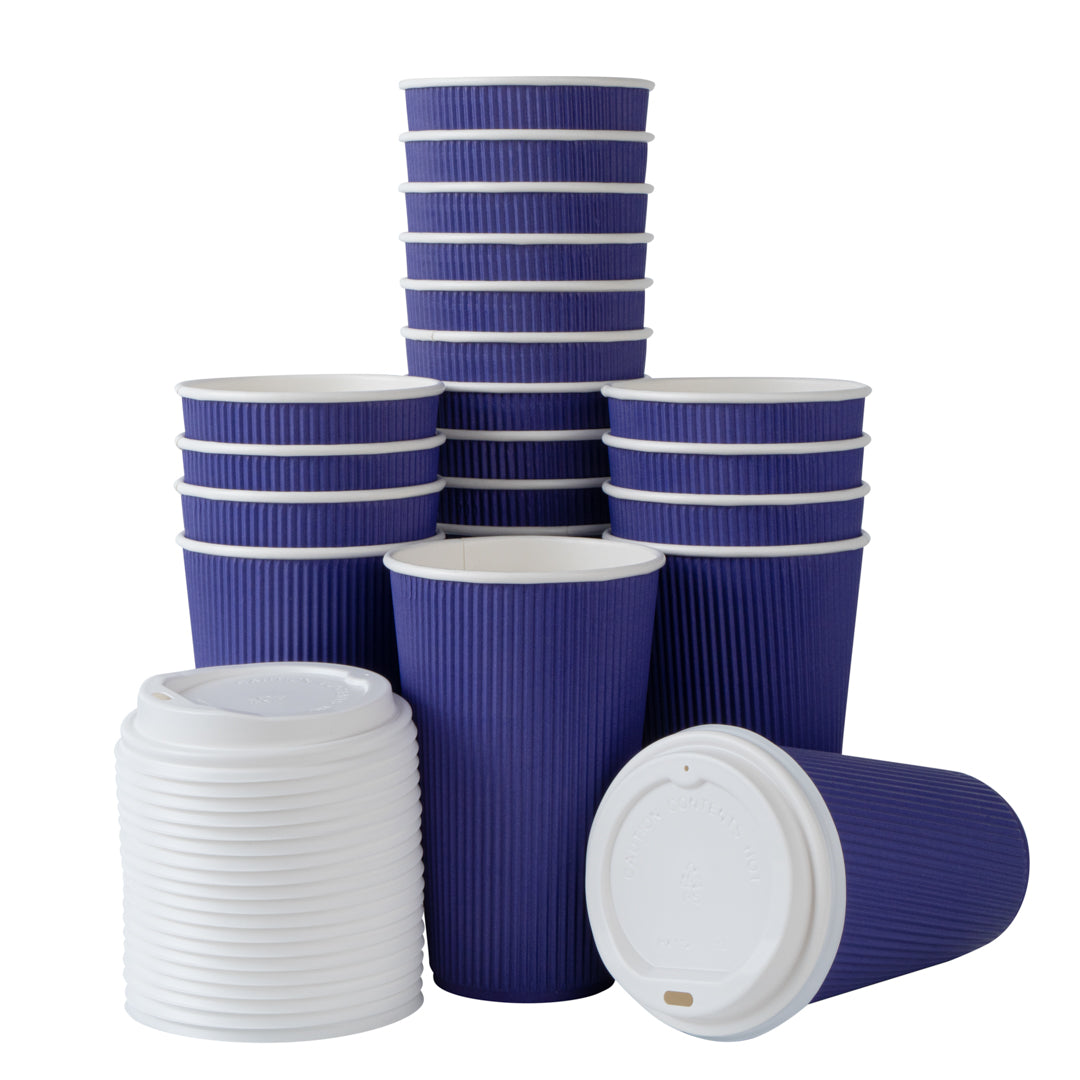 16 oz Royal Purple Ripple Wall Paper Coffee Cups with White Lids - 200 Count Bulk Pack (3.5