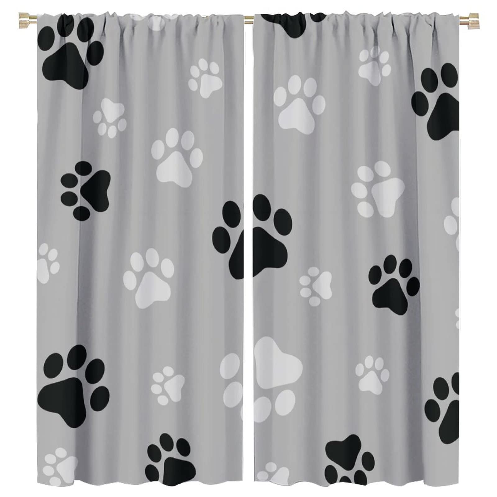 Abstract Black Grey Dog Paw Print Blackout Curtains - 63x72 Inch Soundproof Thermal Insulated Window Treatments for Bedroom, Living Room & Kitchen | Modern Home Decor & Darkening Window Coverings for Pet Lovers