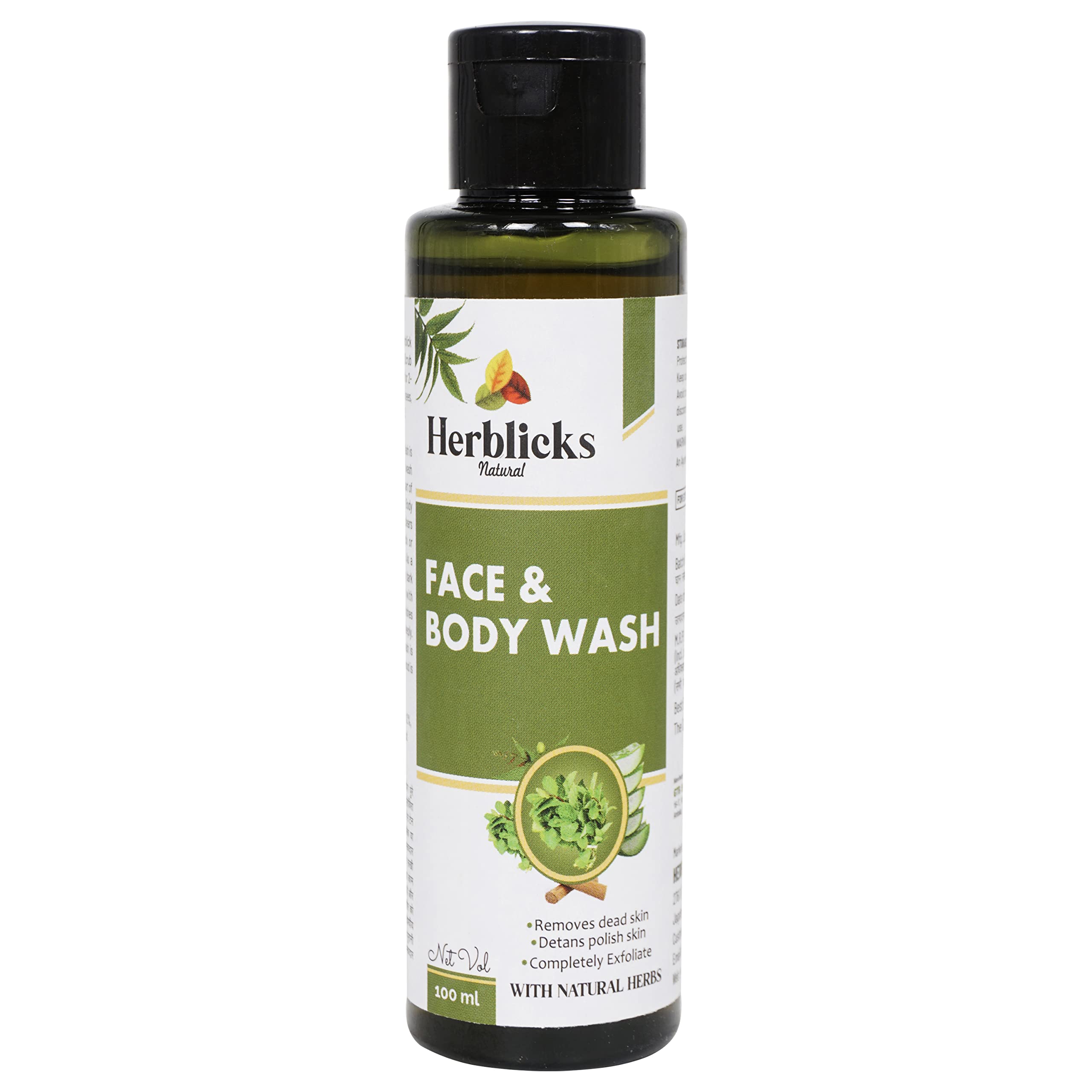 Herblicks Natural Face & Body Wash - Gentle Moisturizing Ayurvedic Cleanser for Blackhead & Tan Removal | Deep Cleansing for Neck, Knees, Elbows & Arms | Perfect for Daily Skincare & Post-Workout Refreshment