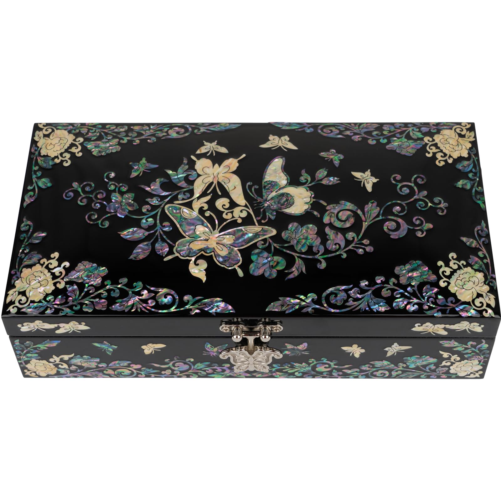 February Mountain Mother of Pearl Jewelry Organizer Box - Handmade Large Wooden Jewelry Storage Case with Butterfly Floral Design, Perfect Romantic Anniversary & Birthday Gift for Women | Jewelry Organization for Dresser, Vanity & Travel