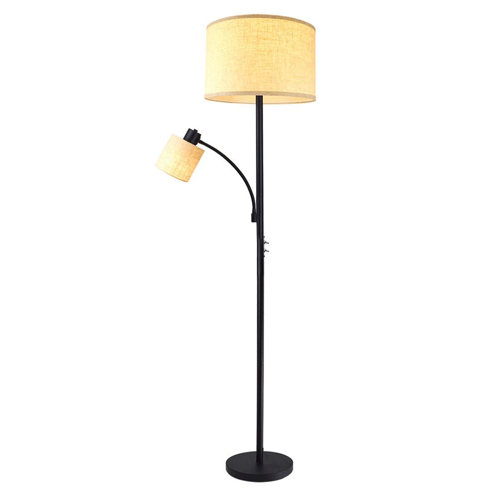 Modern Tall Pole Floor Lamp with Adjustable Dual Heads - Rustic Living Room & Mid Century Bedroom Lighting - 3000K Warm White Eye-Care Reading Light with Fabric Drum Shade (Bulb Included) - Perfect for Study Rooms, Nurseries and Cozy Reading Corners