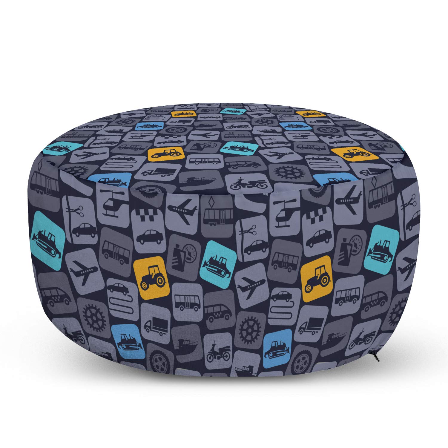 Ambesonne Vehicle Ottoman Pouf with Removable Cover - Trucks, Cars, Wheels, Motorbikes, Airplane & Helicopter Design - Soft Foot Rest for Living Room, Bedroom & Office - Dark Taupe Grey Orange - Perfect for Home Decor, Relaxation & Extra Seating