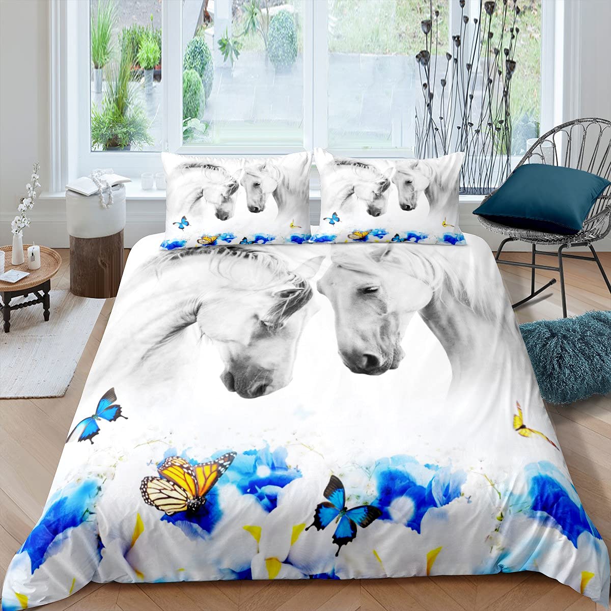 Manfei White Horse Duvet Cover Set - 2 Piece Kids Bedding with Blue & Yellow Butterflies, Animal Theme Twin Size Comforter Cover & Pillowcase | Perfect for Boys & Girls Room Decor, Nursery or Themed Bedroom
