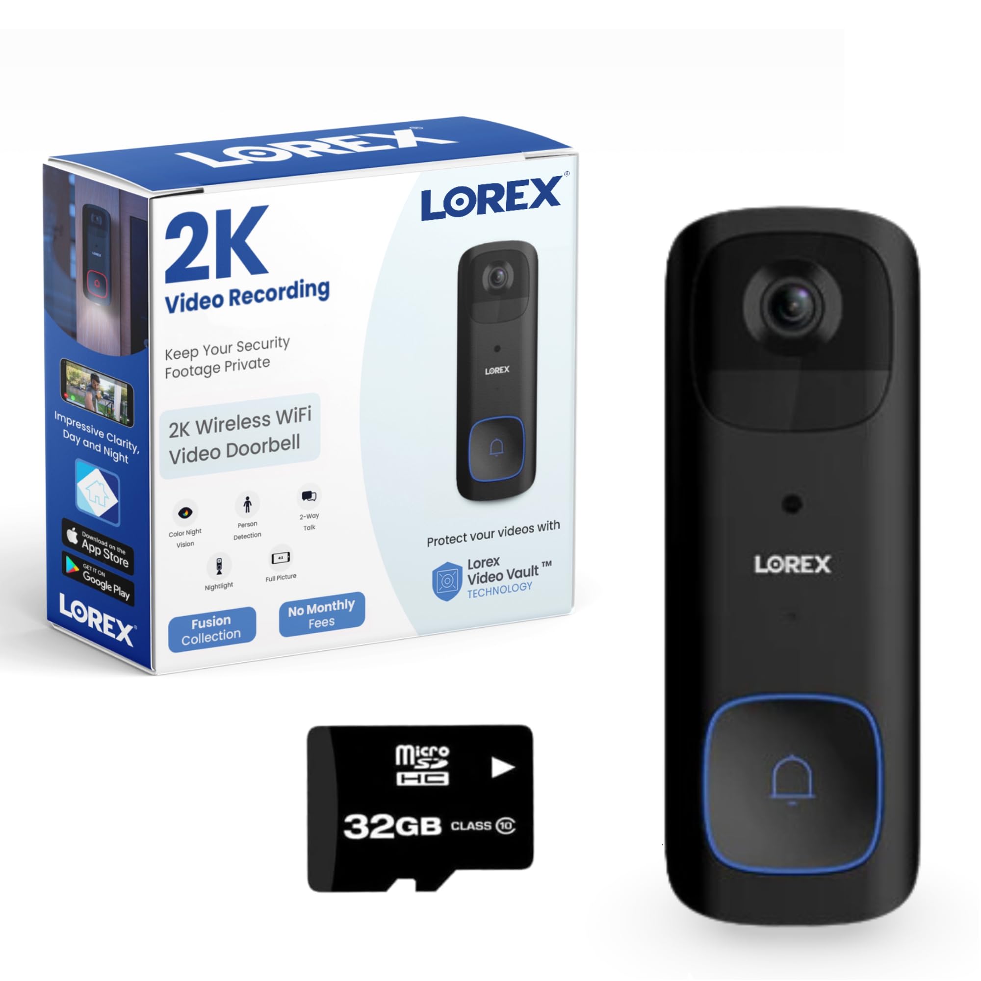 Lorex 2K Wireless WiFi Smart Video Doorbell Camera - No Monthly Fee, Night Vision, Battery Powered, Motion Detection, Black - Secure Your Home with Smart Monitoring for Front Door & Package Delivery