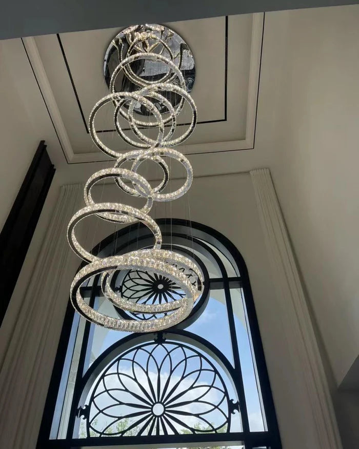 Modern Crystal Chandelier for High Ceiling - Elegant Layered Ring Design for Living Room, Foyer & Staircase - Perfect for Luxury Home Decor & Grand Entryways