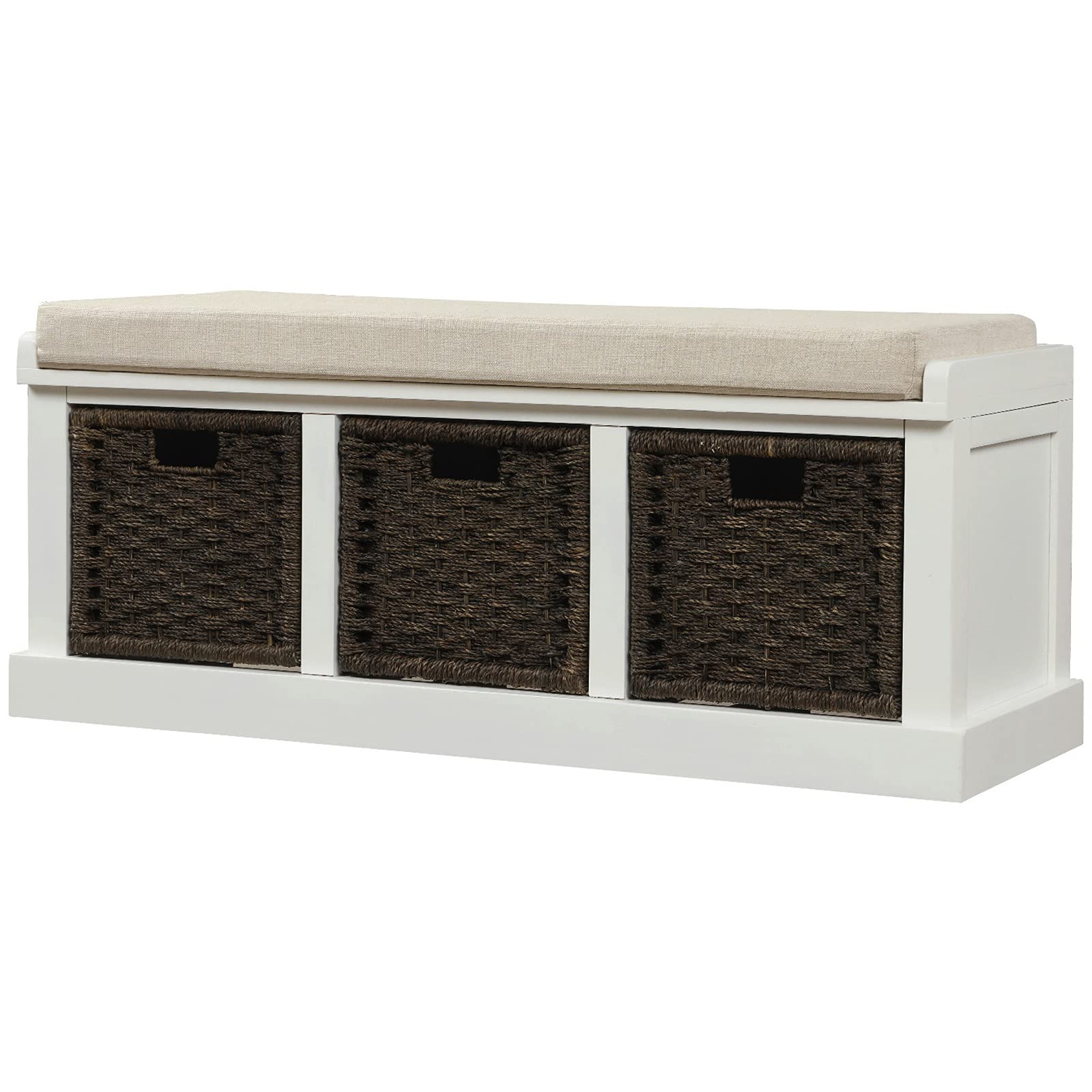 VERYKE Entryway Storage Bench with Removable Cushion & 3 Rattan Baskets - Shoe Bench with Hollow Handle for Hallway, Living Room, Bedroom (White) | Perfect for Organizing Shoes, Blankets & Home Decor in Small Spaces
