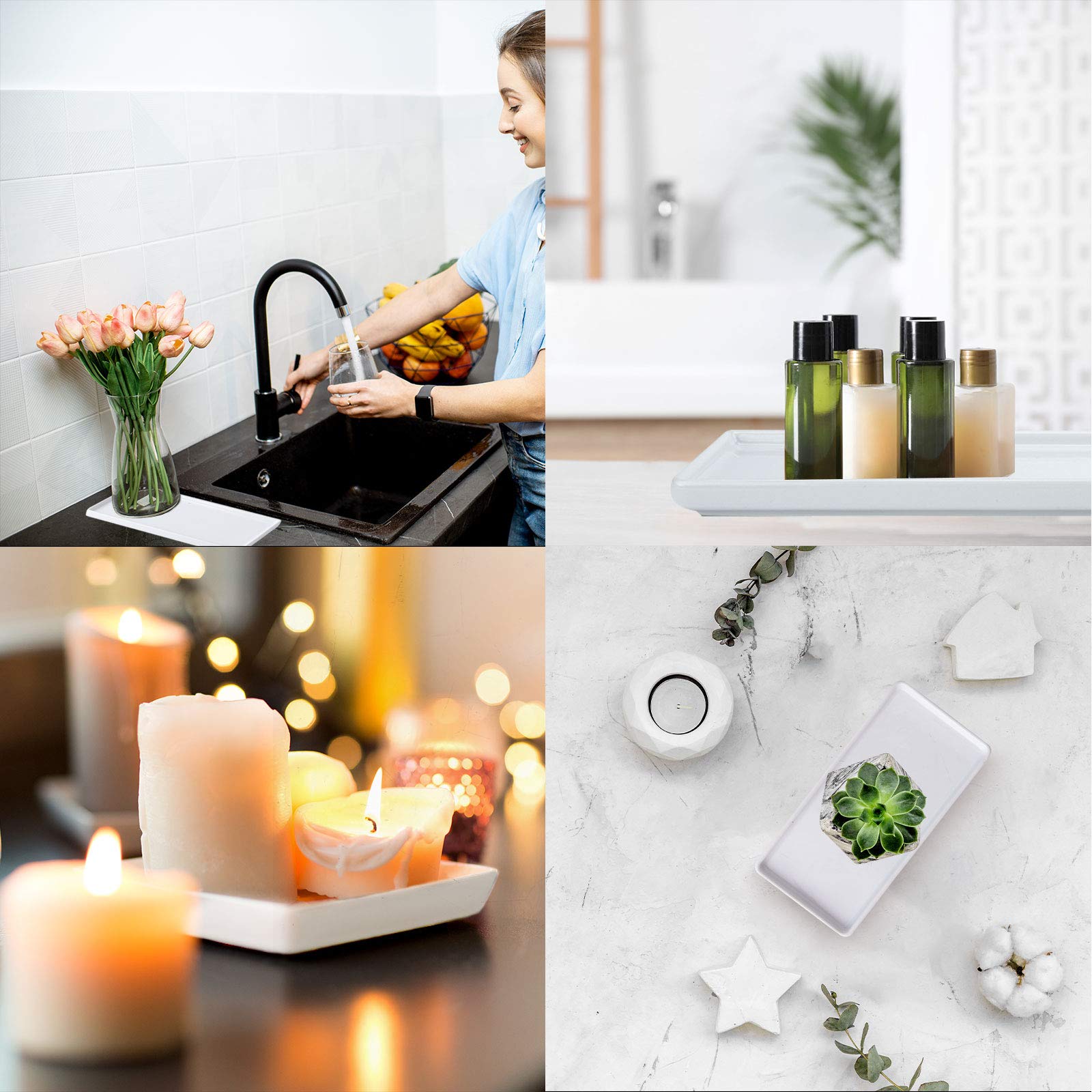AUXSOUL 2-Pack White Ceramic Bathroom Vanity Tray Set - Rectangular Sink & Bathtub Storage Organizer for Cosmetics, Soap, Jewelry, Candles, Towels - Perfect for Countertop, Vanity & Spa Decor (2 Sizes)