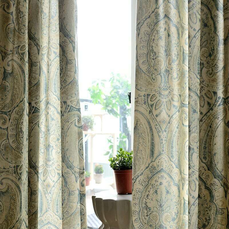 French Country Print Curtains with Intricate Design - Beige Linen Window Drapes for Living Room & Bedroom | Farmhouse Style Home Decor