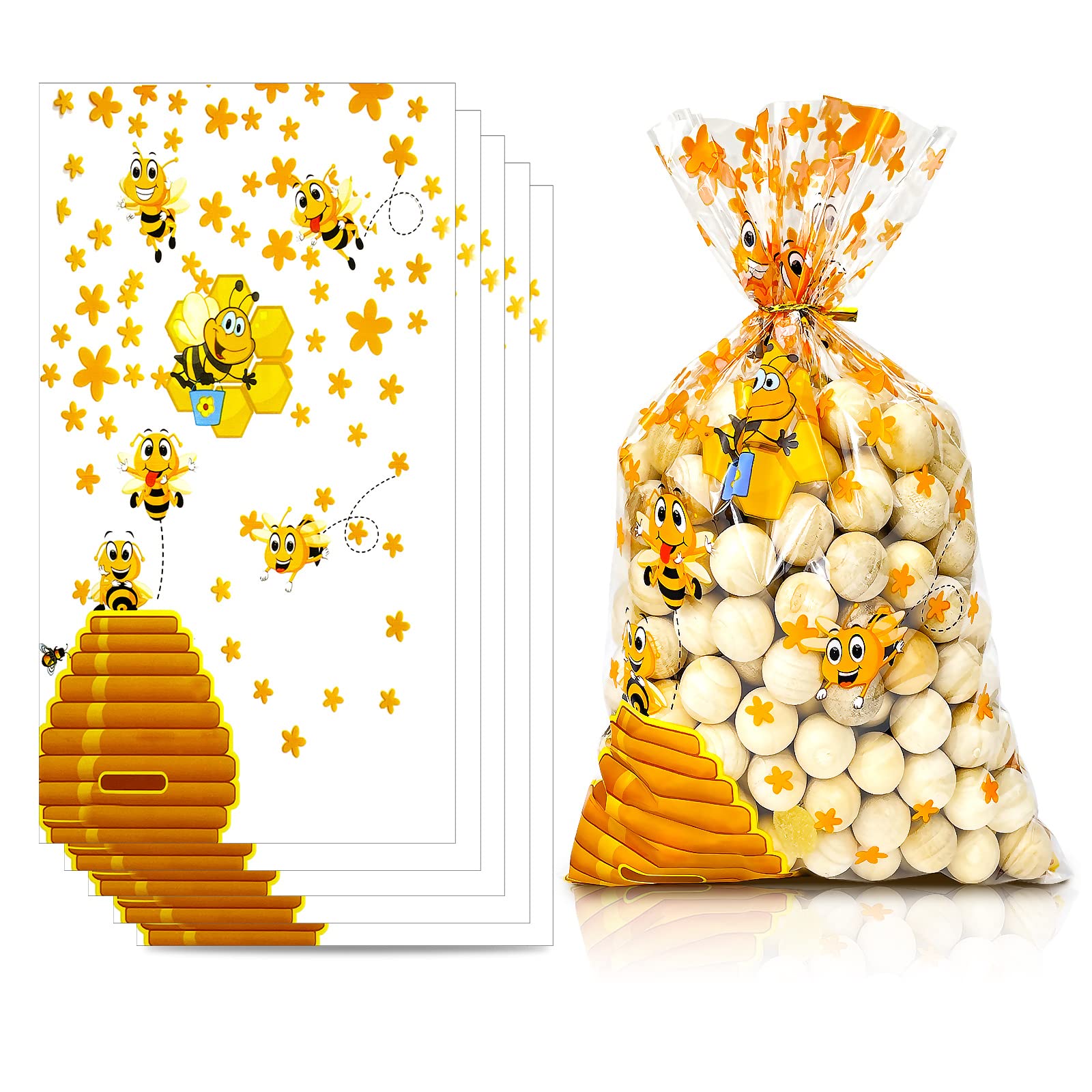 Bnsikun 100 Pcs Yellow Bee-Themed Cellophane Gift Bags - Perfect for Baby Showers, Birthday Parties & Candy Treats | Reusable Plastic Goodie Bags for Bee Theme Party Supplies & Favor Packaging