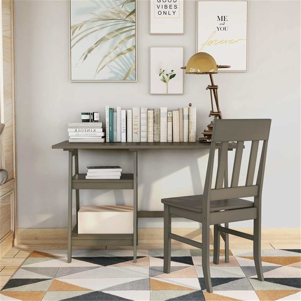 Prenna Wood 2-Piece Writing Desk and Chair Set in Gray - Modern Home Office Furniture for Small Spaces & Study Rooms