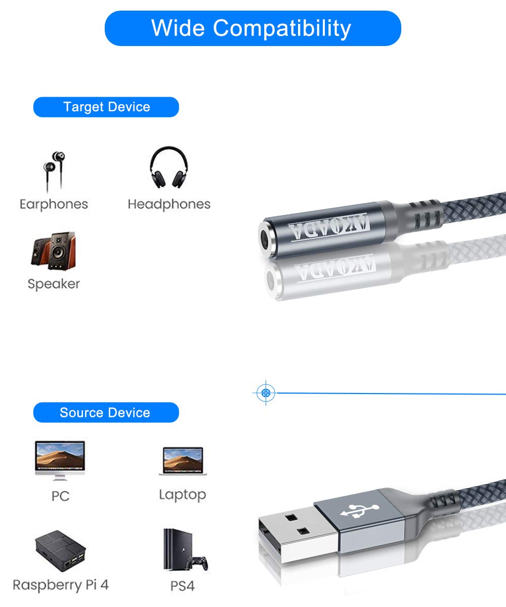 AkoaDa USB to 3.5mm Audio Jack Adapter (18cm) - External Sound Card Converter with Aux Stereo Output - Compatible with Headphones, PC, Laptop, Linux, Desktop, PS4 & More Devices (Grey) - Perfect for Gaming, Music Streaming & Conference Calls