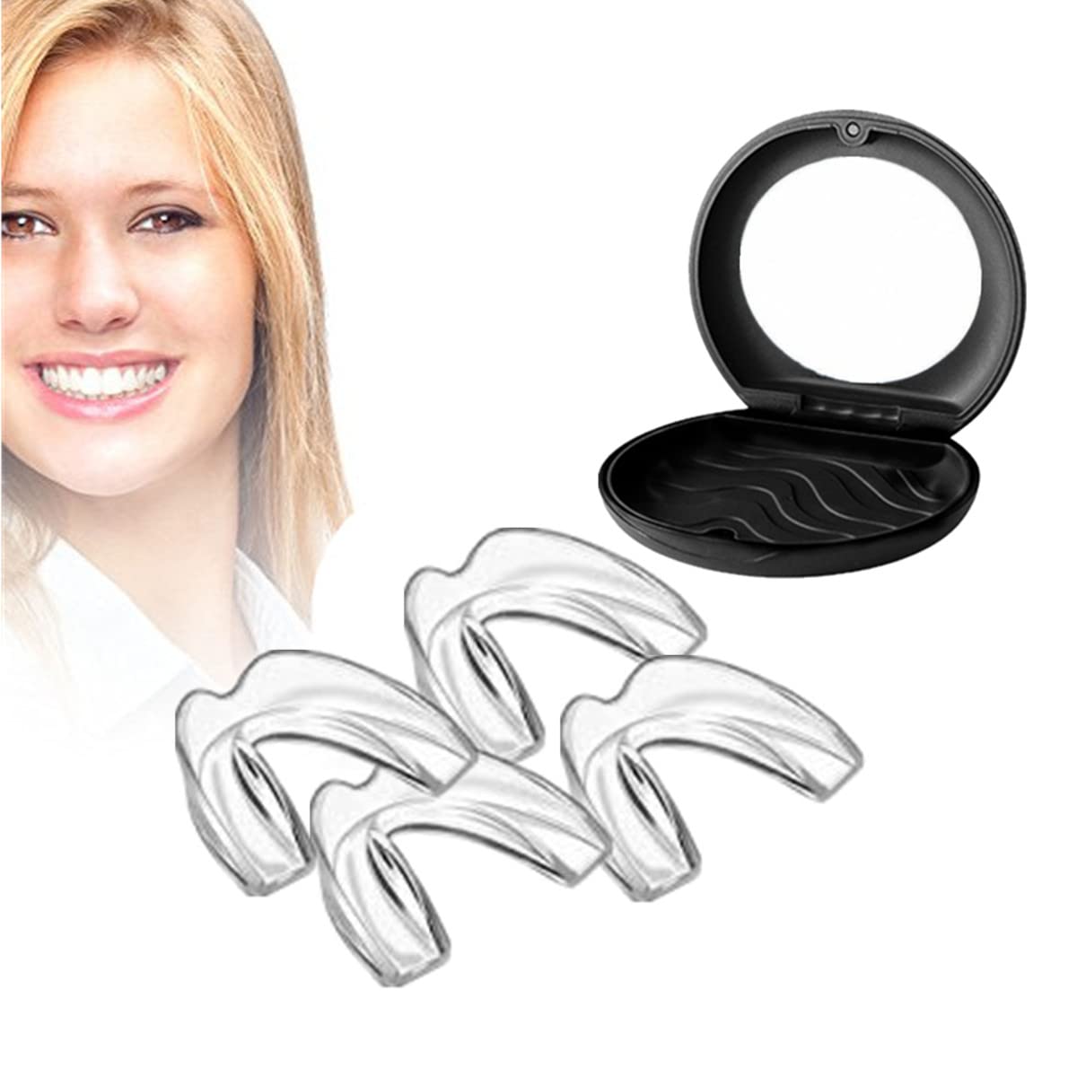 4-Pack Custom Night Guard for Teeth Grinding & Clenching - Bruxism Relief, Sports Protection & Teeth Whitening Tray with Magnetic Mirror Case (Black) - Perfect for Nighttime Use, Travel & Athletes