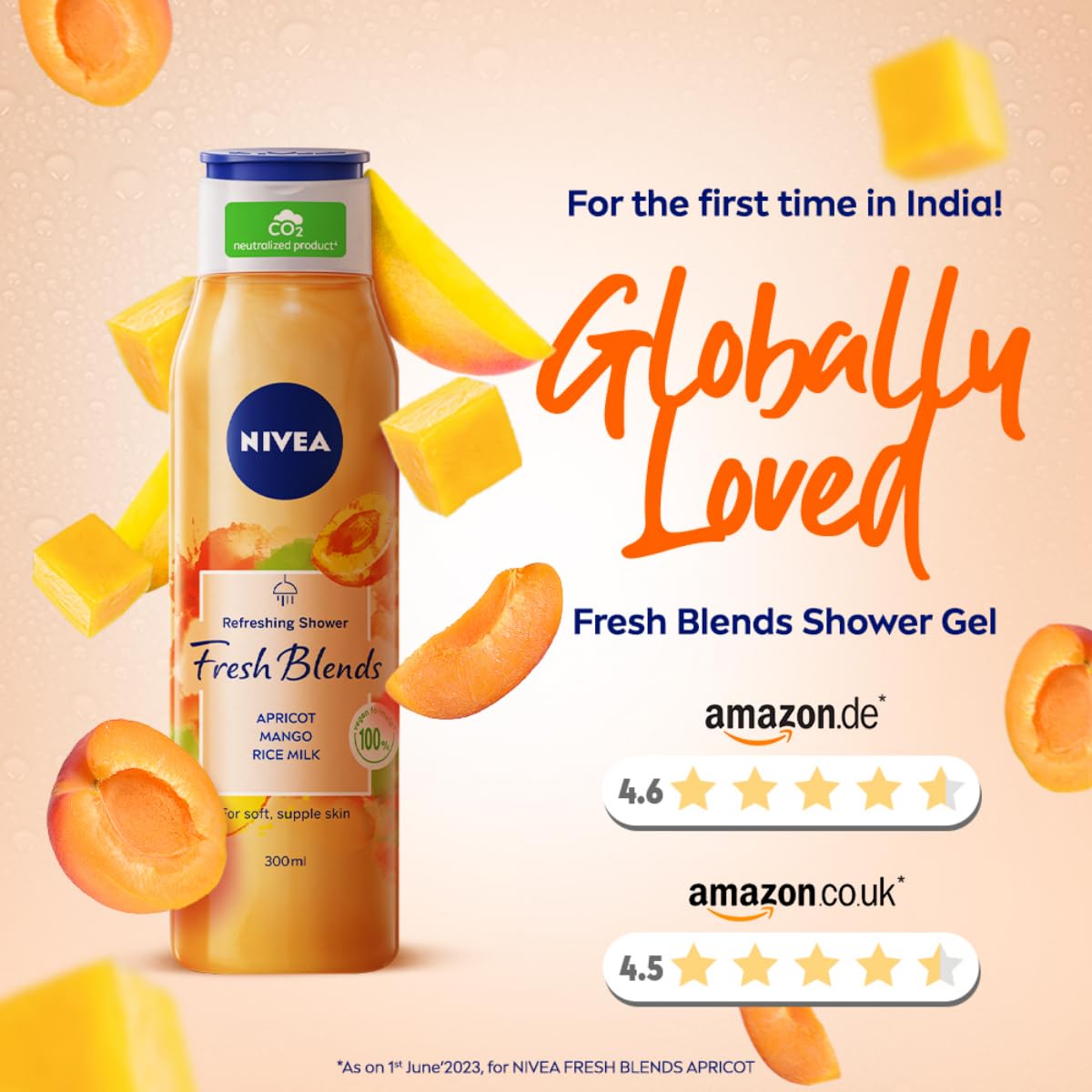 Nivea Fresh Blends Apricot & Mango Vegan Body Wash with Natural Fruit Extracts & Rice Milk - 300ml Fruity Shower Gel for Women - Perfect for Daily Hydration & Refreshing Morning Showers