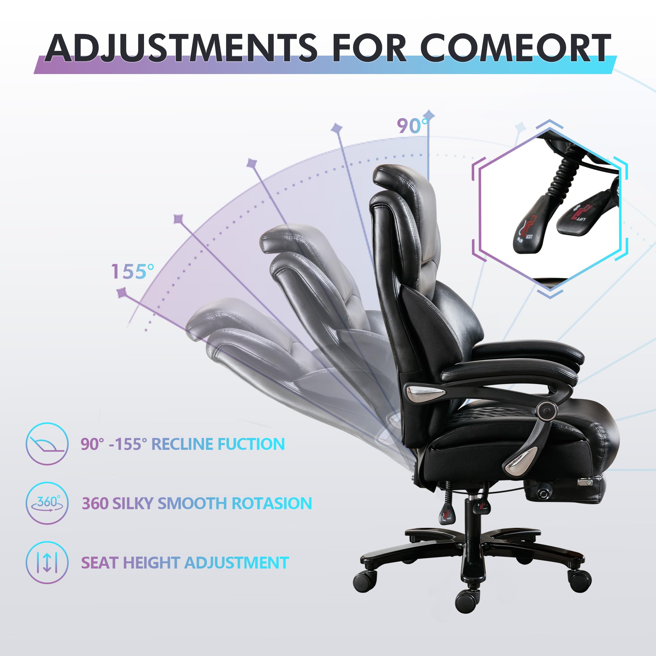 Big and Tall Office Chair for Heavy People up to 500 lbs - Extra Wide High Back Executive Chair with Reclining Feature, Footrest & Lumbar Support - Premium PU Leather Ergonomic Desk Chair for Home Office, Gaming, and Workspace Comfort