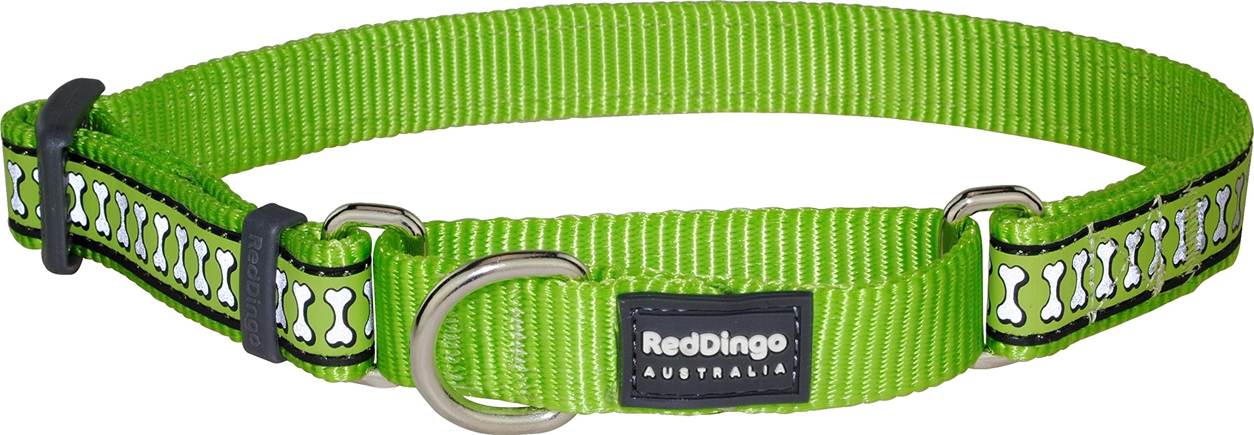 Red Dingo MC-RB-LG-25 Reflective Martingale Dog Collar with Bone Design - Large Size, Lime Green for Nighttime Safety & Outdoor Adventures