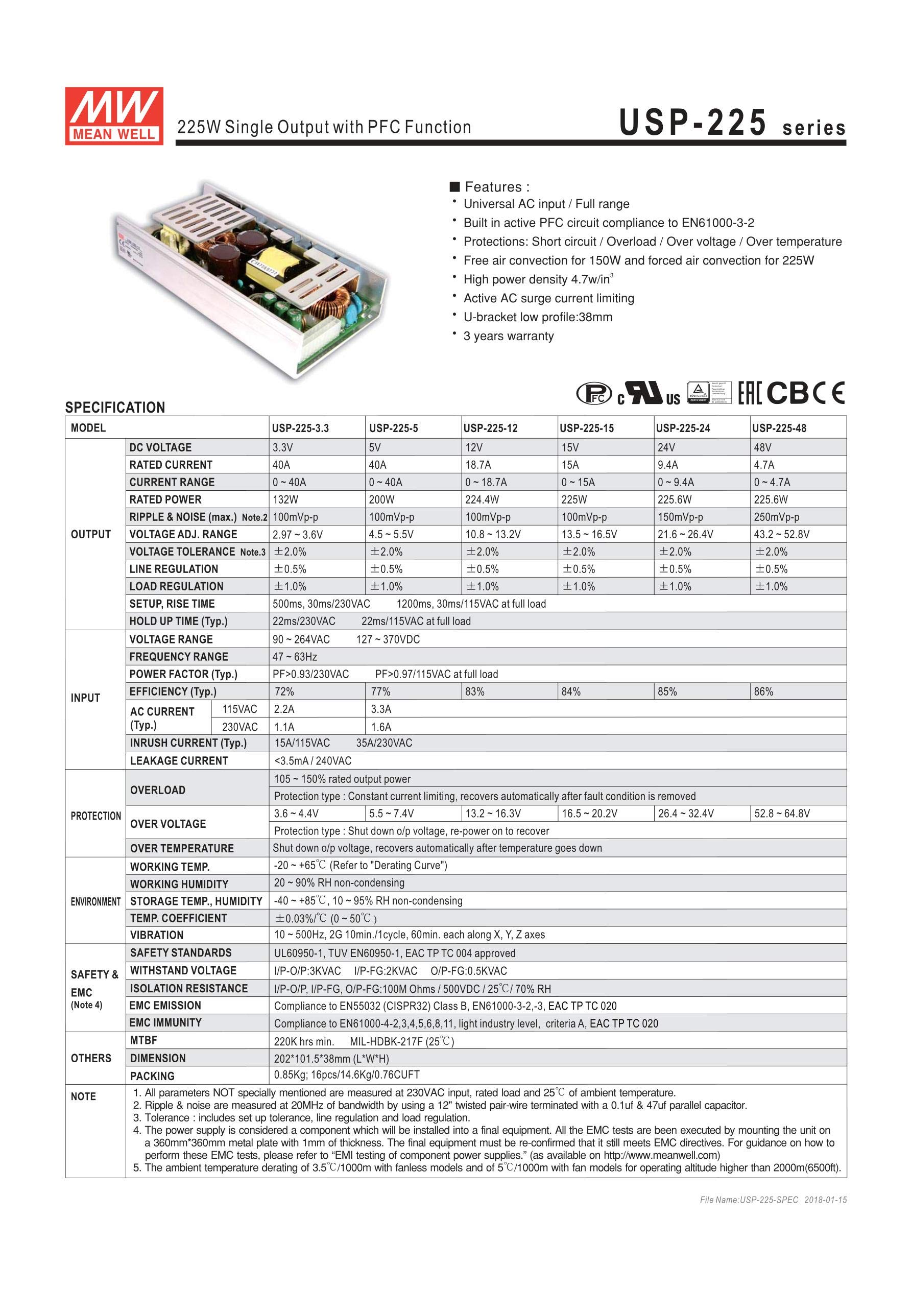 MEAN WELL USP-225-5 200W 5V 40A Single Output Industrial Power Supply with PFC & U-Bracket - Perfect for Automation Equipment, LED Displays, and Telecommunications Systems