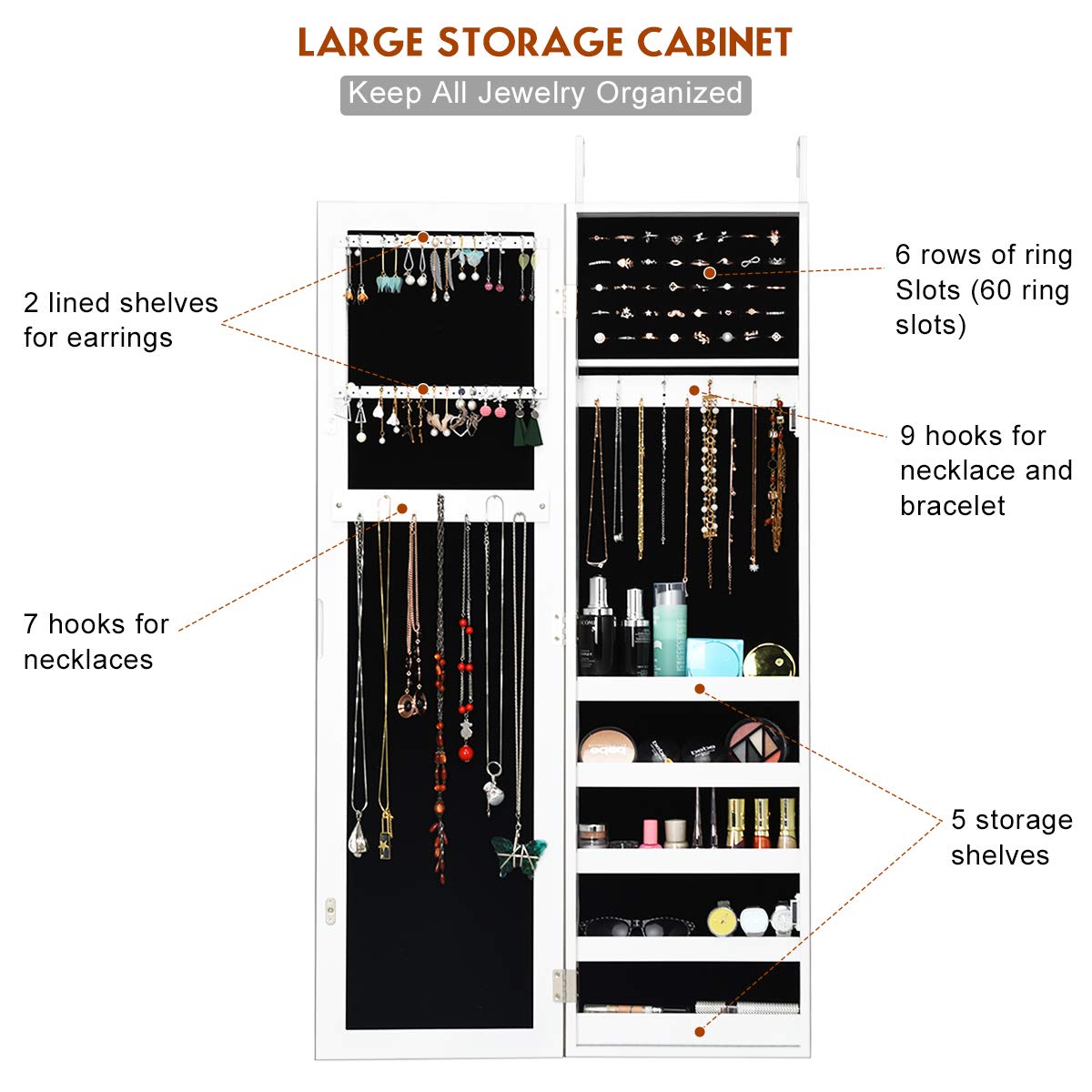 Giantex Wall Mounted Jewelry Armoire Cabinet with Full-Length Mirror - Large Storage Organizer with Ring Earring Slots, Necklace Hooks & Shelves - Perfect for Bedroom, Closet & Dressing Room Organization