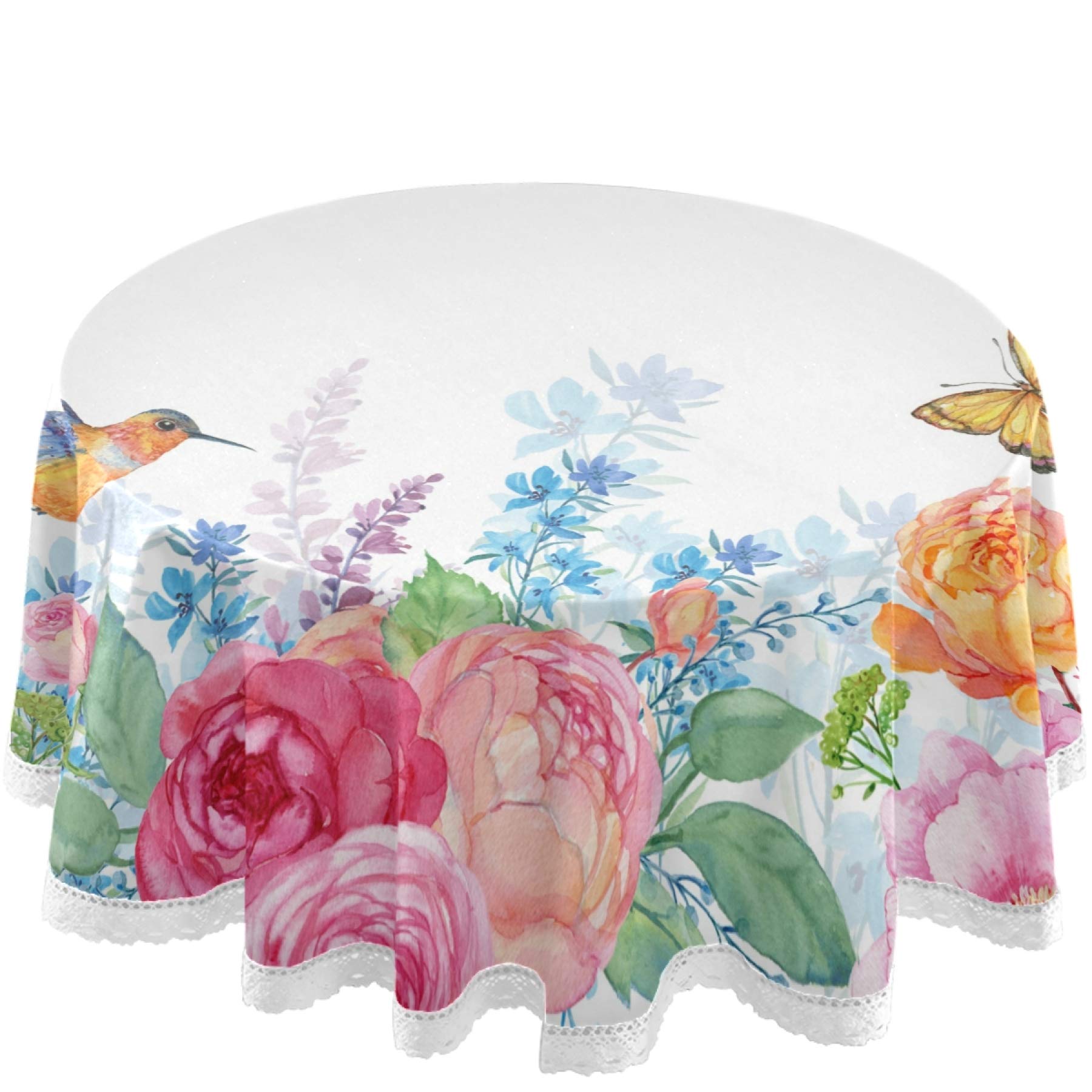 60 Inch Round Waterproof Tablecloth - Hummingbird Butterfly Floral Design with Roses for Outdoor Wedding, Party, Dining Room - Durable Table Protector for Indoor & Outdoor Use