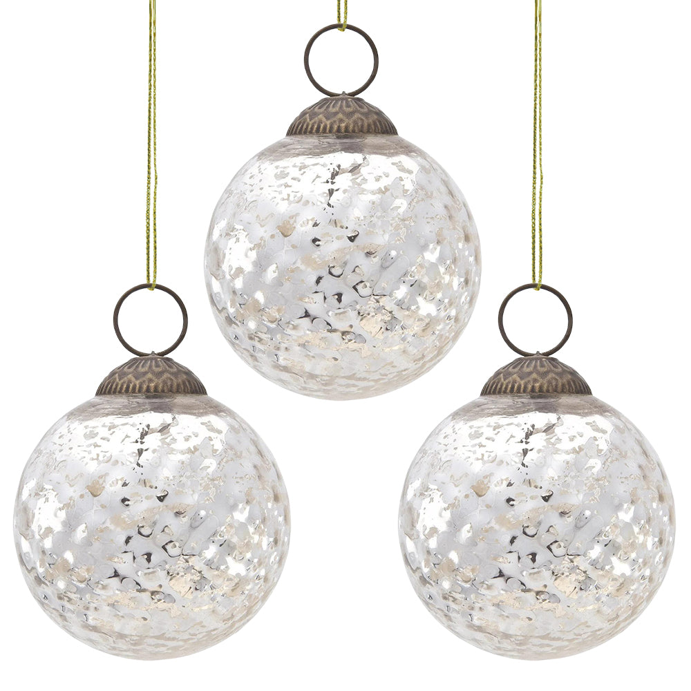 3 Pack Silver Joy Mercury Disco Ball Glass Ornaments - Christmas Tree Decorations for Holiday Party, Home & Office Decor