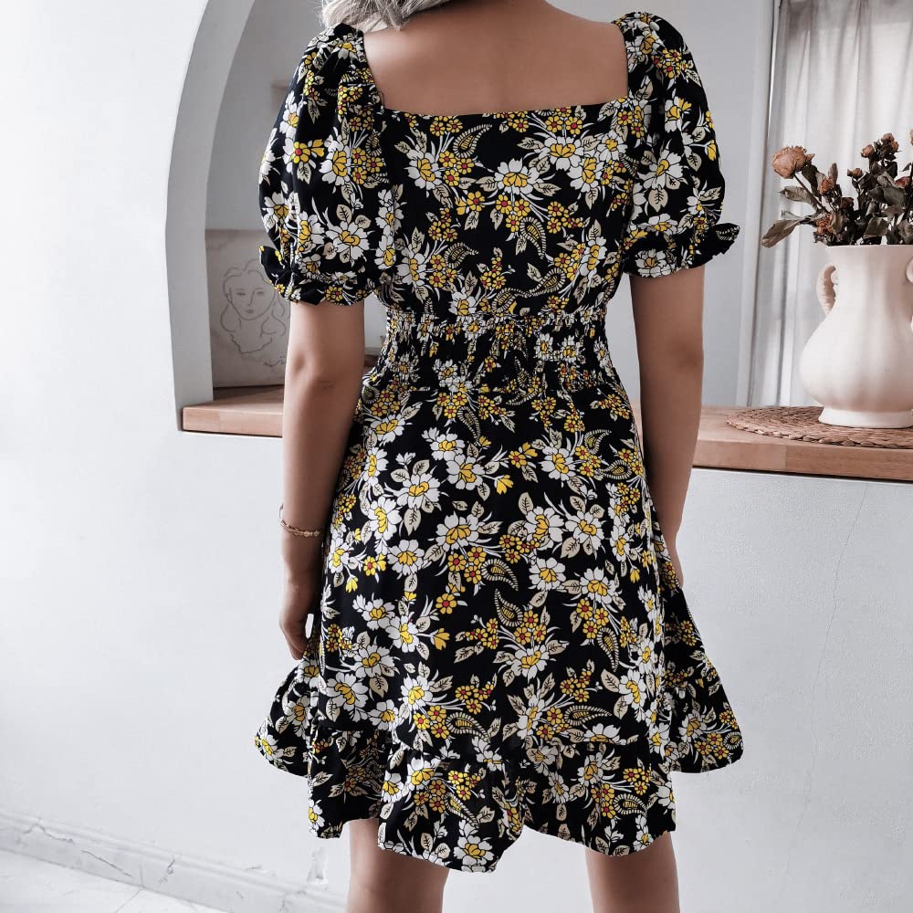 Floral Print Women's Summer V-Neck Midi Dress with Bell Sleeves & Ruffle Hem - Perfect for Beach Vacations, Garden Parties & Date Nights