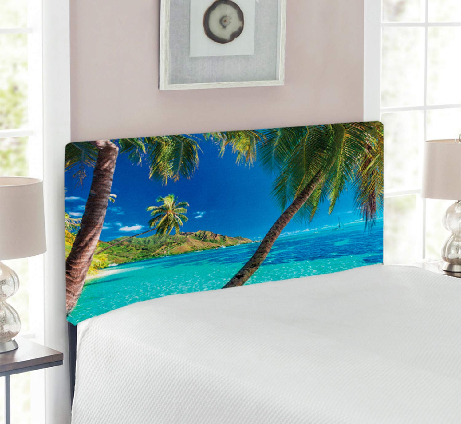 Ambesonne Tropical Island Ocean Headboard - Twin Size Upholstered Metal Bed Headboard with Memory Foam, Turquoise Blue Beach Theme Print | Perfect for Coastal Bedroom Decor & Vacation Home Styling