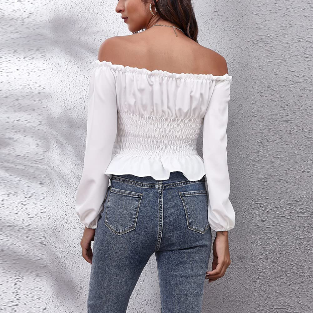 Women's Stretchy One Shoulder Blouse - Ruched Lantern Sleeve Cropped Top for Casual Outings & Night Out
