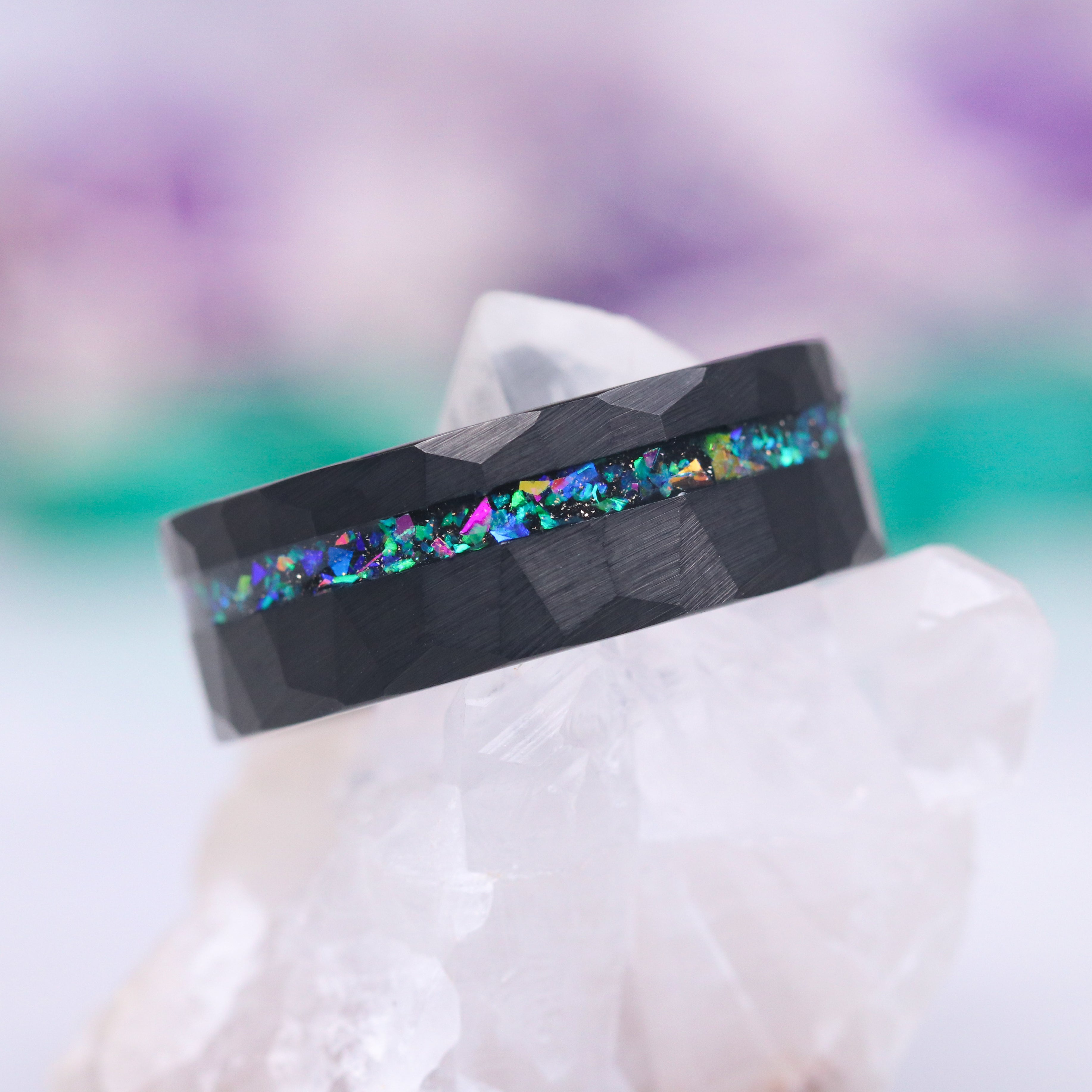 Mystic Opal Wedding Band - 8MM Black Tungsten Ring for Men & Women | Elegant & Durable for Engagement, Anniversary & Everyday Wear