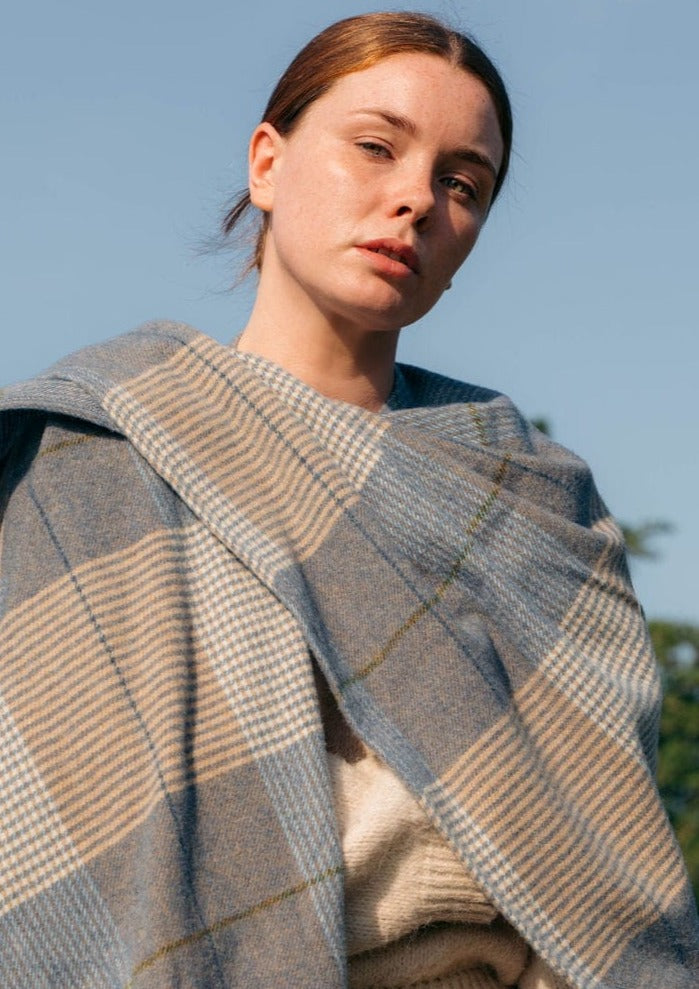 John Hanly Lambswool Cape - Cream Taupe & Denim Check Plaid Wrap - Cozy Winter Shawl for Women, Perfect for Office, Travel and Casual Outings