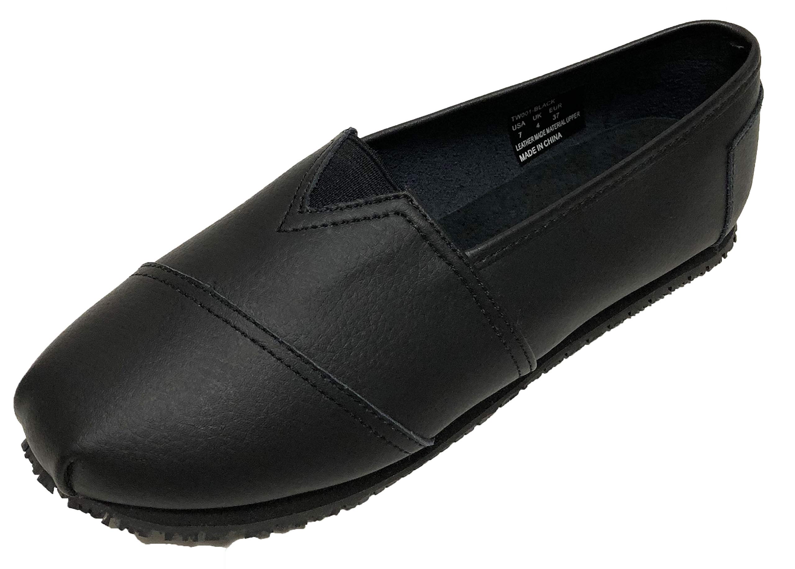 Tanleewa Townforst Women's Slip-Resistant Oil-Resistant Non-Slip Work Shoes - Black Leather Slip-On Flats Size 9 - Comfortable & Durable for Nurses, Chefs & Restaurant Workers