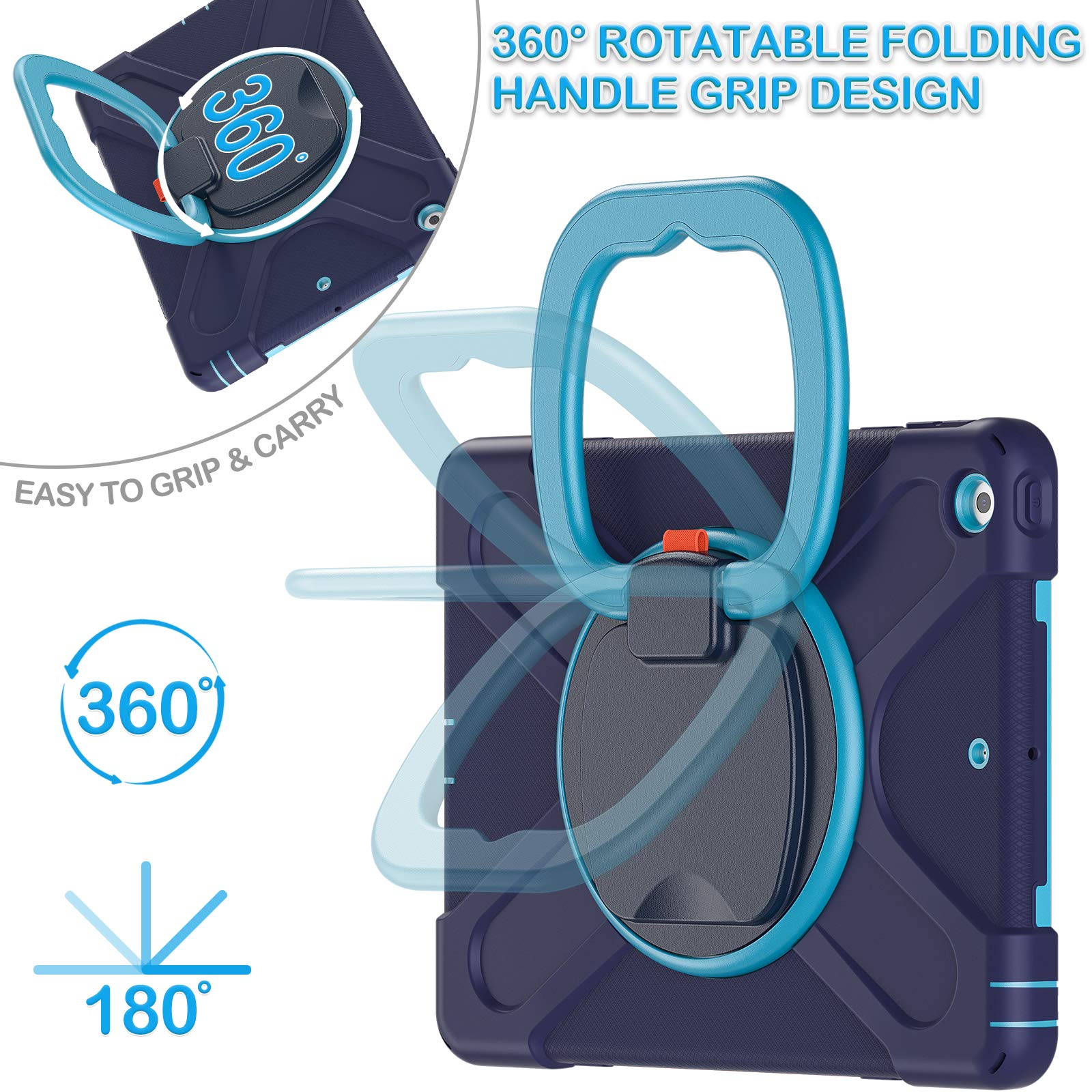 BATYUE Rugged iPad Case for 9th/8th/7th Gen 10.2-inch iPad (2021/2020/2019) with Screen Protector - Rotating Stand, Pencil Holder & Shoulder Strap - Navy Blue - Perfect for Work, Travel & School Use