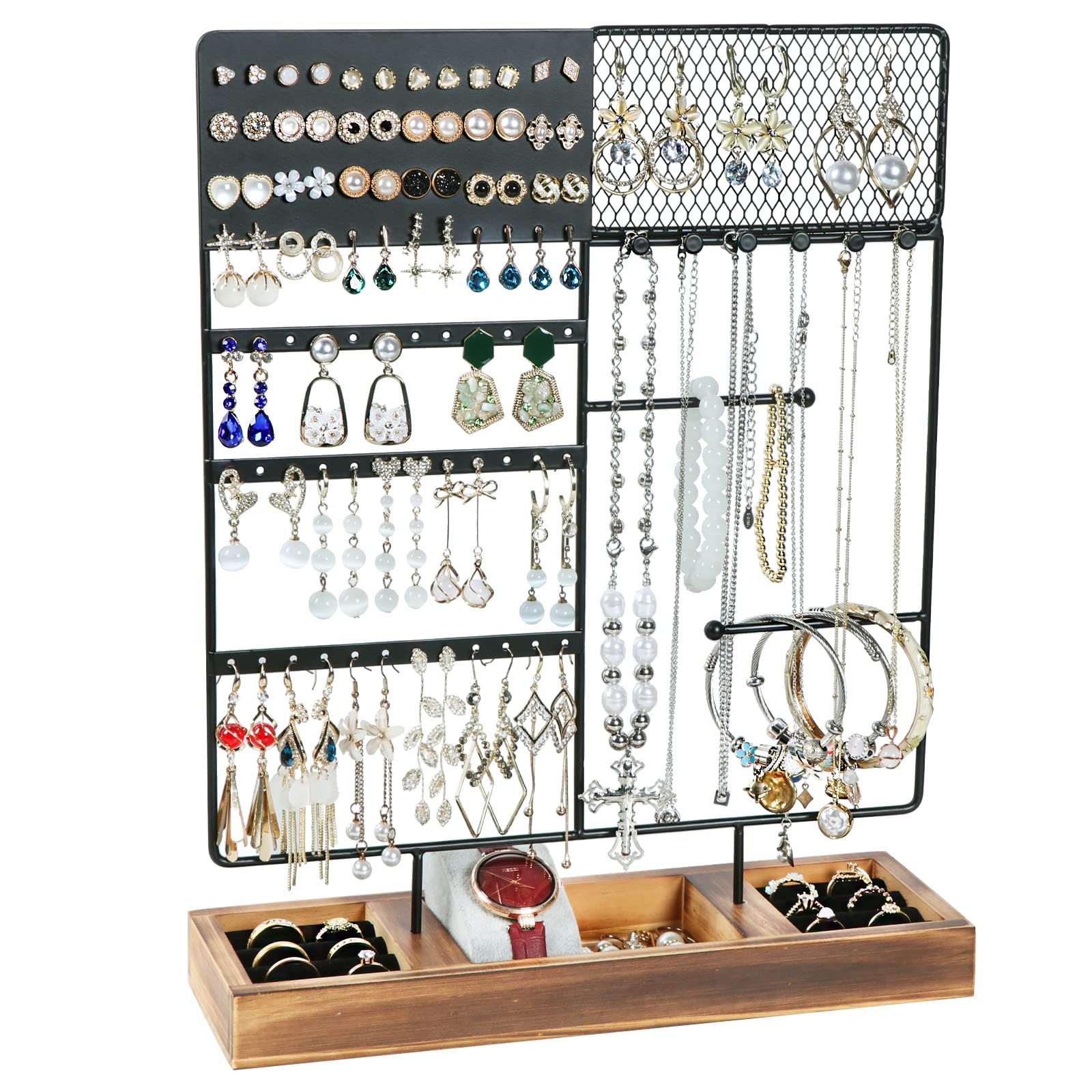 Sovia Jewelry Organizer Stand with 84 Holes & Wooden Tray - for Earrings, Necklaces & Watches - Perfect for Bedroom & Travel