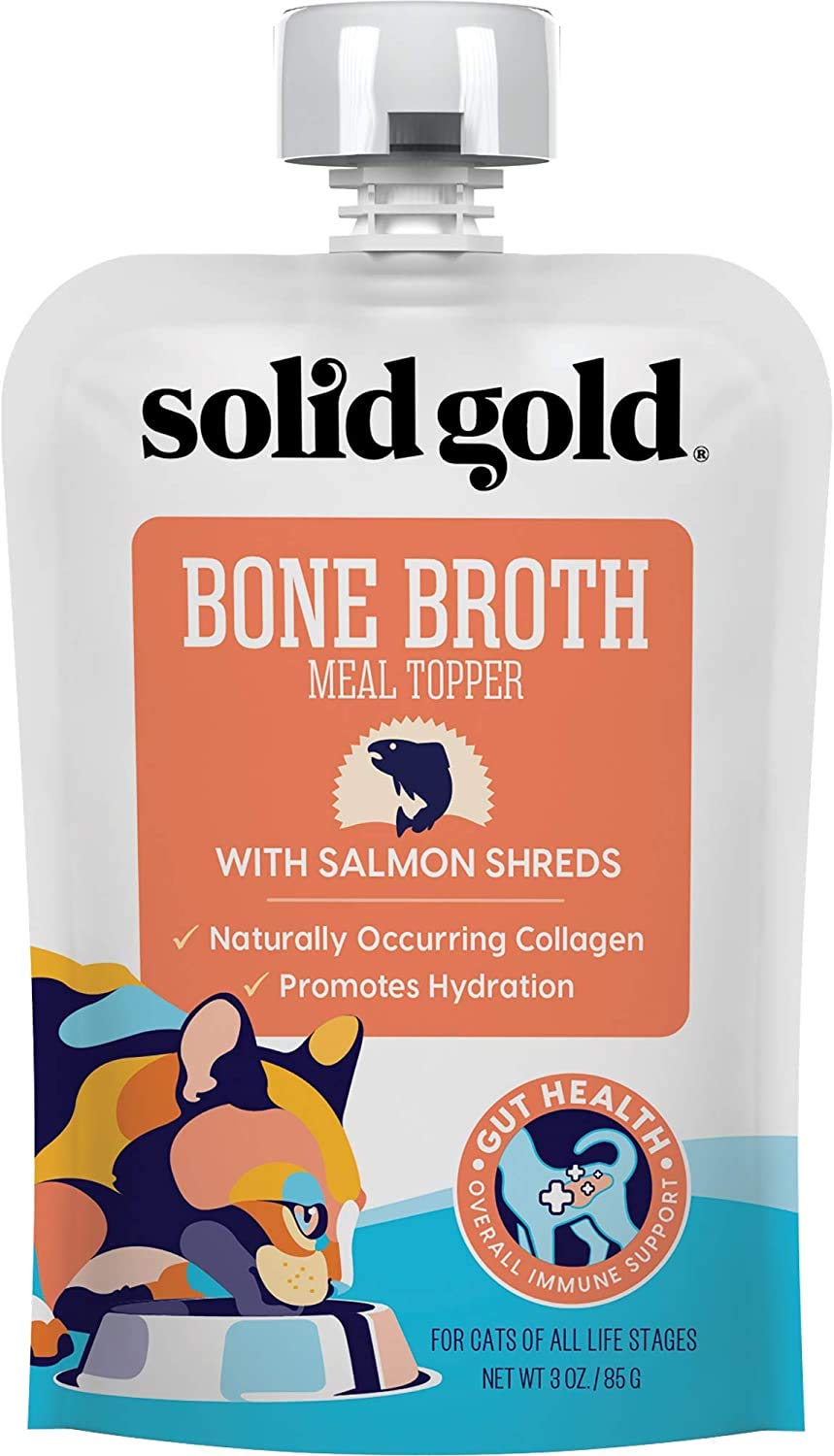 Premium Solid Gold Bone Broth Cat Food Topper - High Protein Lickable Wet Food with Real Salmon Shreds for Hydration & Digestion - Easy Serve Gravy Supplement for Senior Cats & Kittens - Perfect for Picky Eaters & Post-Surgery Recovery - 12 Pack (3.5oz Each)