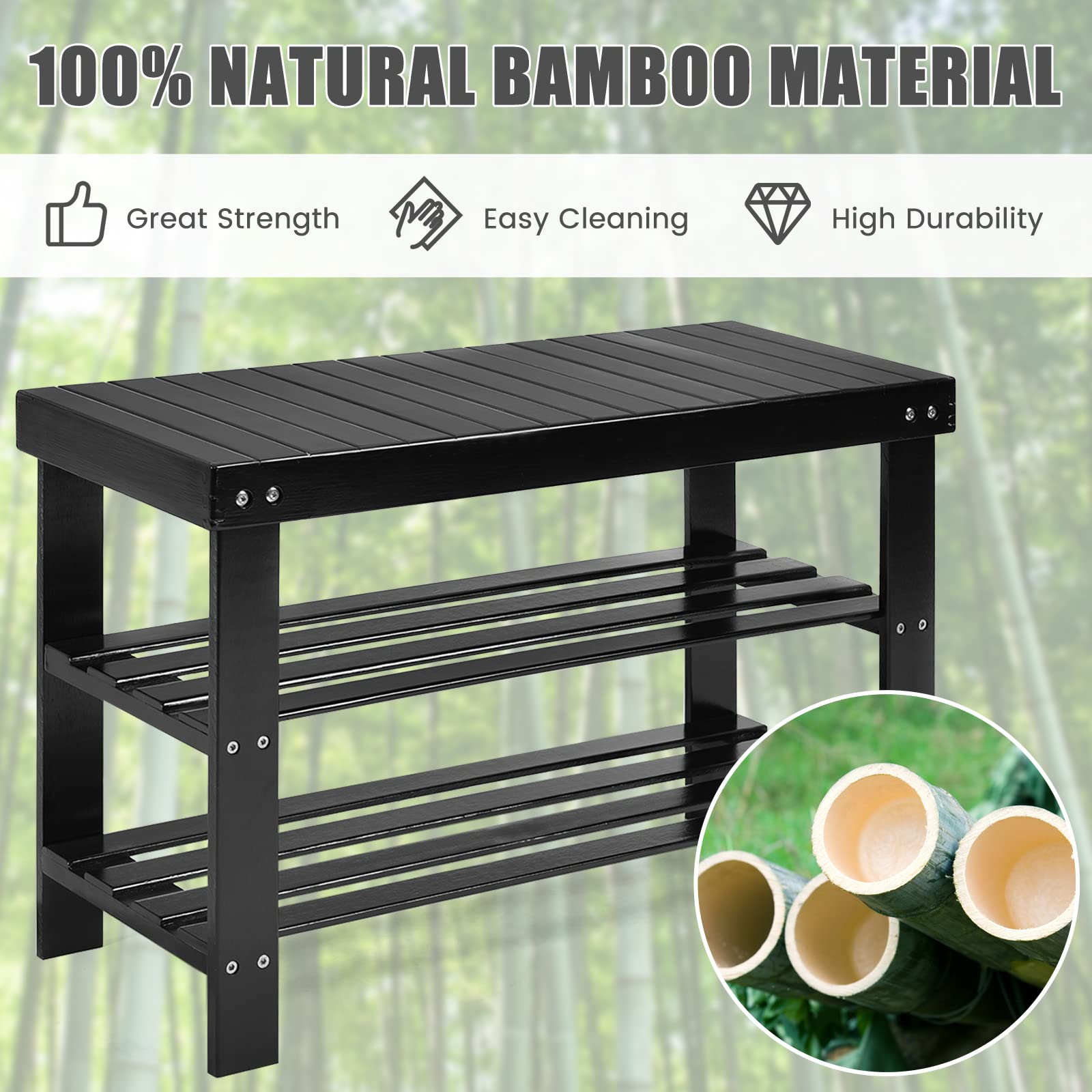 Giantex 3-Tier Bamboo Shoe Bench & Storage Rack - Holds 6 Pairs of Shoes - Entryway Organizer for Heels, Slippers - Perfect for Living Room, Bathroom, Closet & Mudroom Organization (Black)