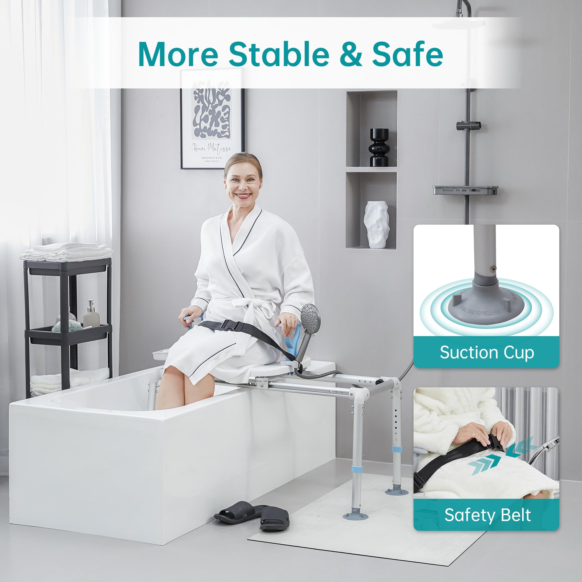 ELENKER Heavy Duty Sliding Shower Chair with Swivel Seat - Rotating Bathtub Transfer Bench for Elderly & Disabled - Non-Slip Suction Cup Bath Safety Seat - Ideal for Mobility Assistance & Bathroom Safety