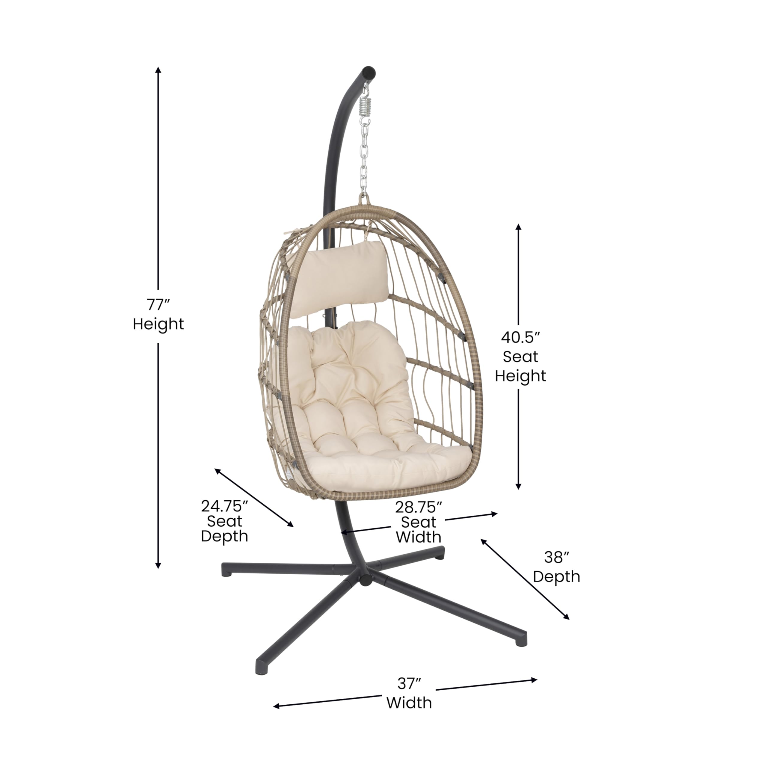 Merrick Lane Riley Hanging Egg Chair - Foldable Natural Woven Rattan Frame with Removable Cream Cushion & Included Stand - Perfect for Patio, Garden, Balcony or Living Room Relaxation