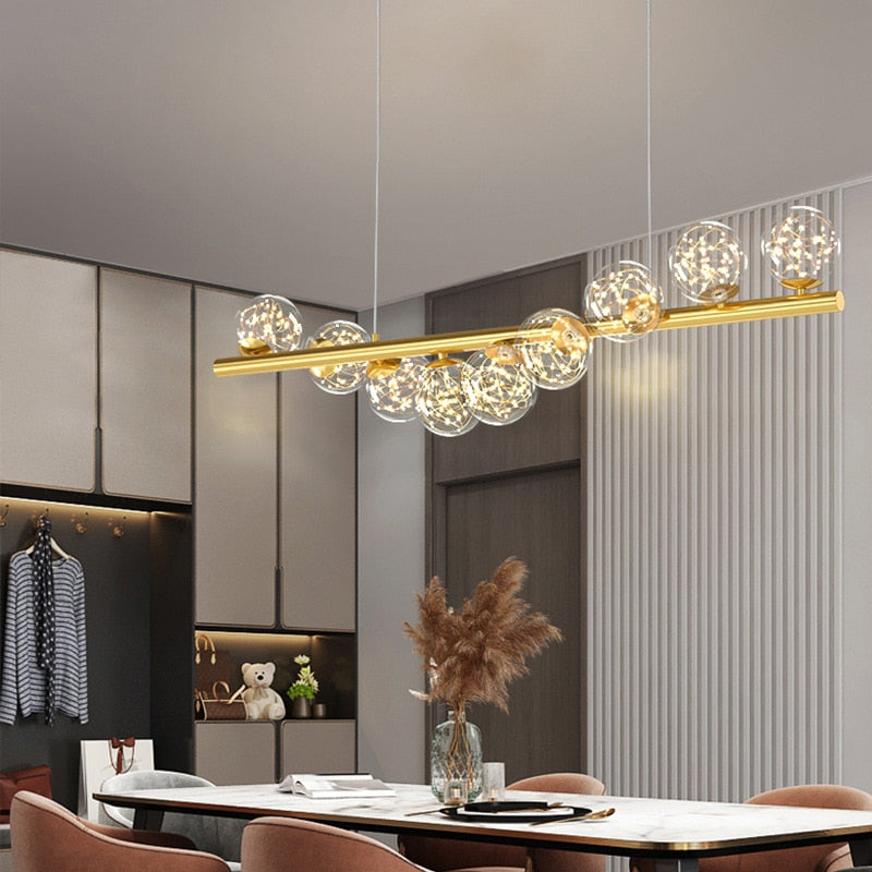 Modern Long Glass Ball Chandelier with G9 LED Bulbs - Elegant Lighting Fixture for Dining Room, Living Room, and Bedroom Decor