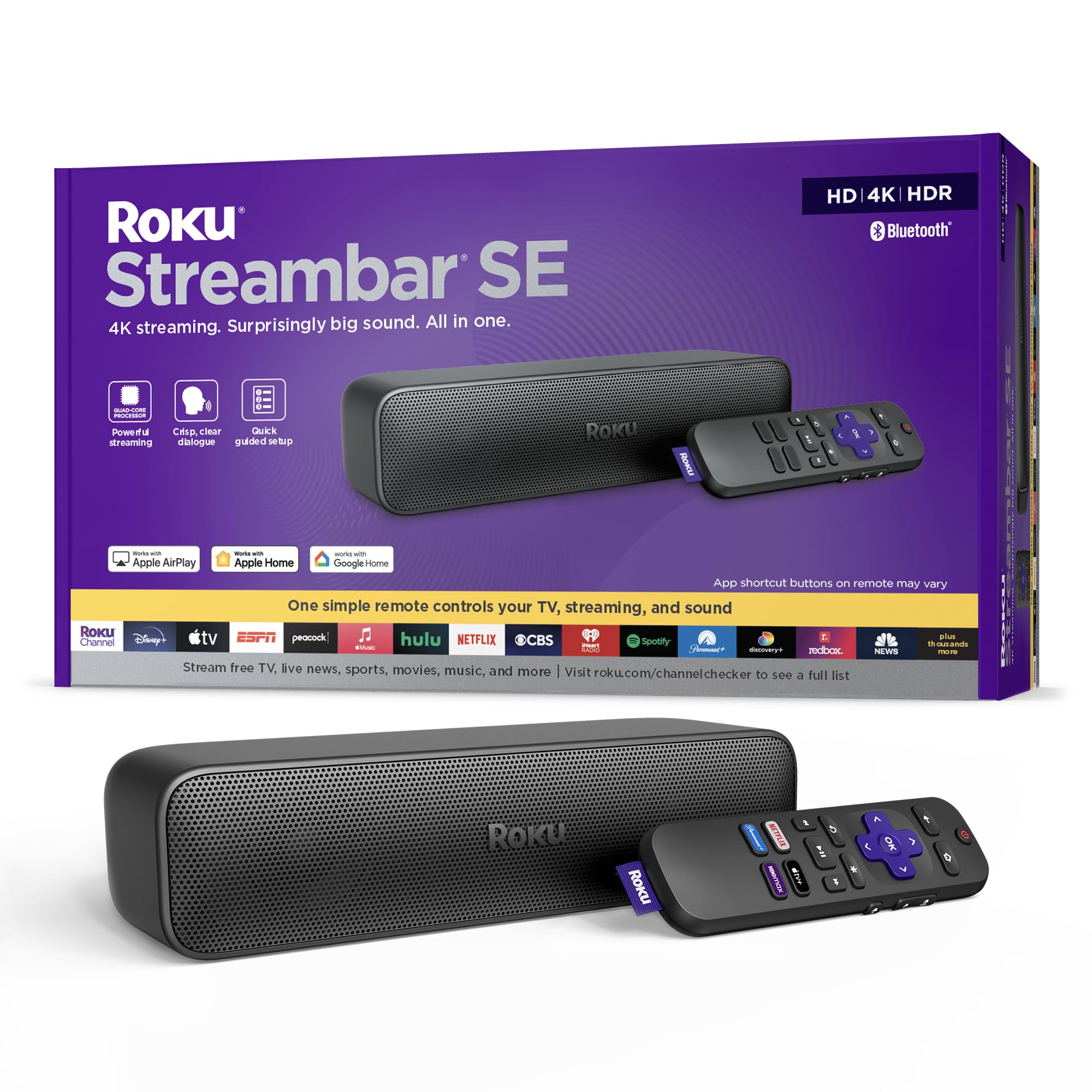 Roku Streambar SE - 2-in-1 TV Soundbar with Built-in 4K/HD/HDR Streaming | Premium Audio & Enhanced Speech Clarity for Clear Dialogue | Easy Setup | Perfect for Home Theater & Movie Nights