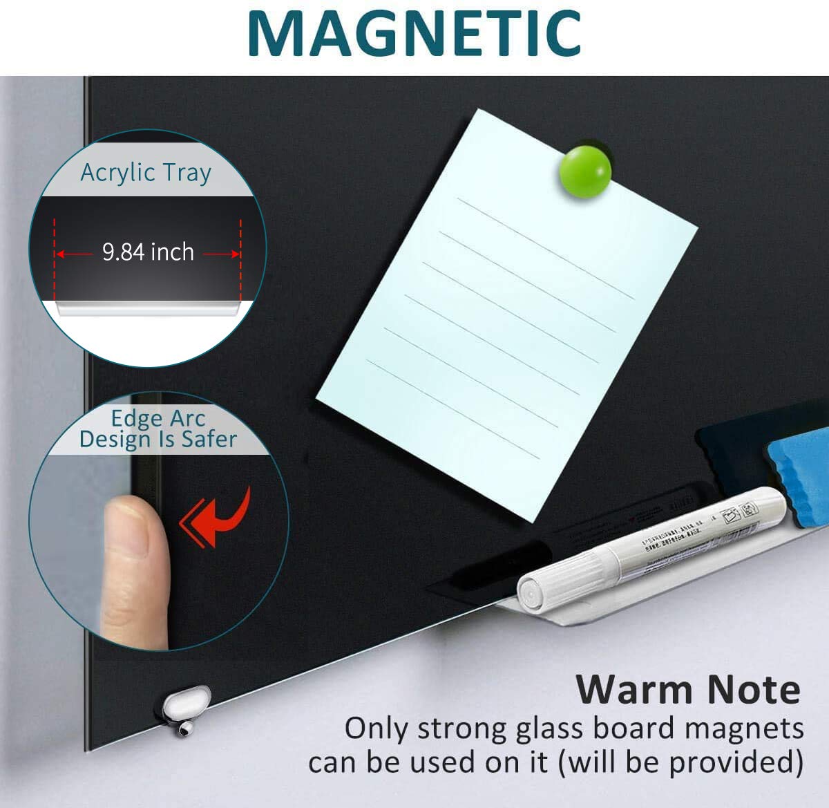 Black Magnetic Glass Dry Erase Board 4x3 Feet - Premium Glass Whiteboard with Black Surface for Office, School & Home Use - Includes 4 Dry Erase Markers & 1 Eraser - Perfect for Presentations, Meetings, Classroom Teaching & Home Organization