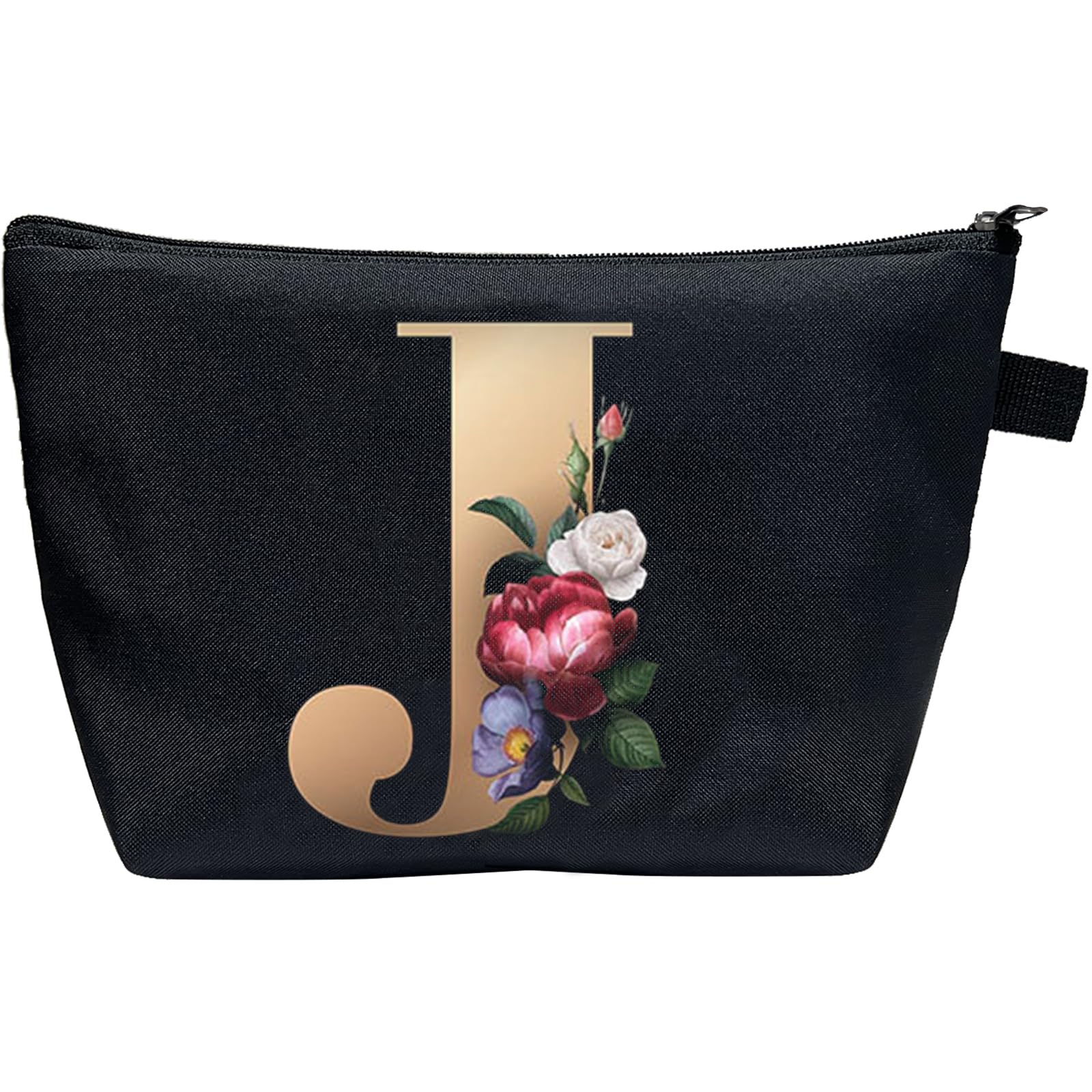 CTNUOBEE Small Letter Cosmetic Bag - Gold Alphabet with Flower Design, Portable Travel Makeup Bag, Zipper Toiletry Pouch for Women - Perfect for Travel, Gym, and Personalized Gifts (Letter J)