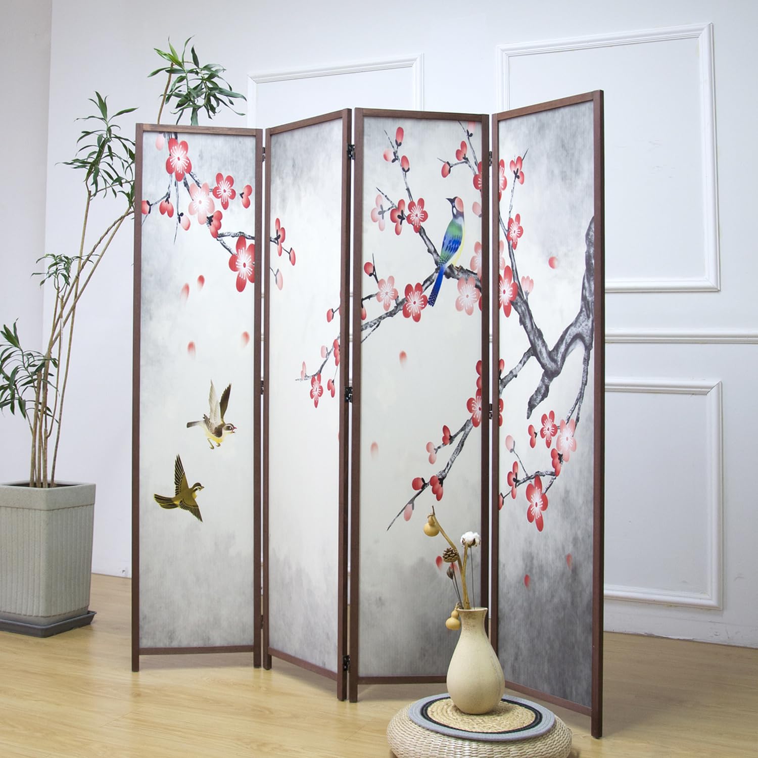 4 Panel Room Divider Screen - Double Sided Blackout Folding Partition for Home & Office - Magnolia Plum Floral Design (67