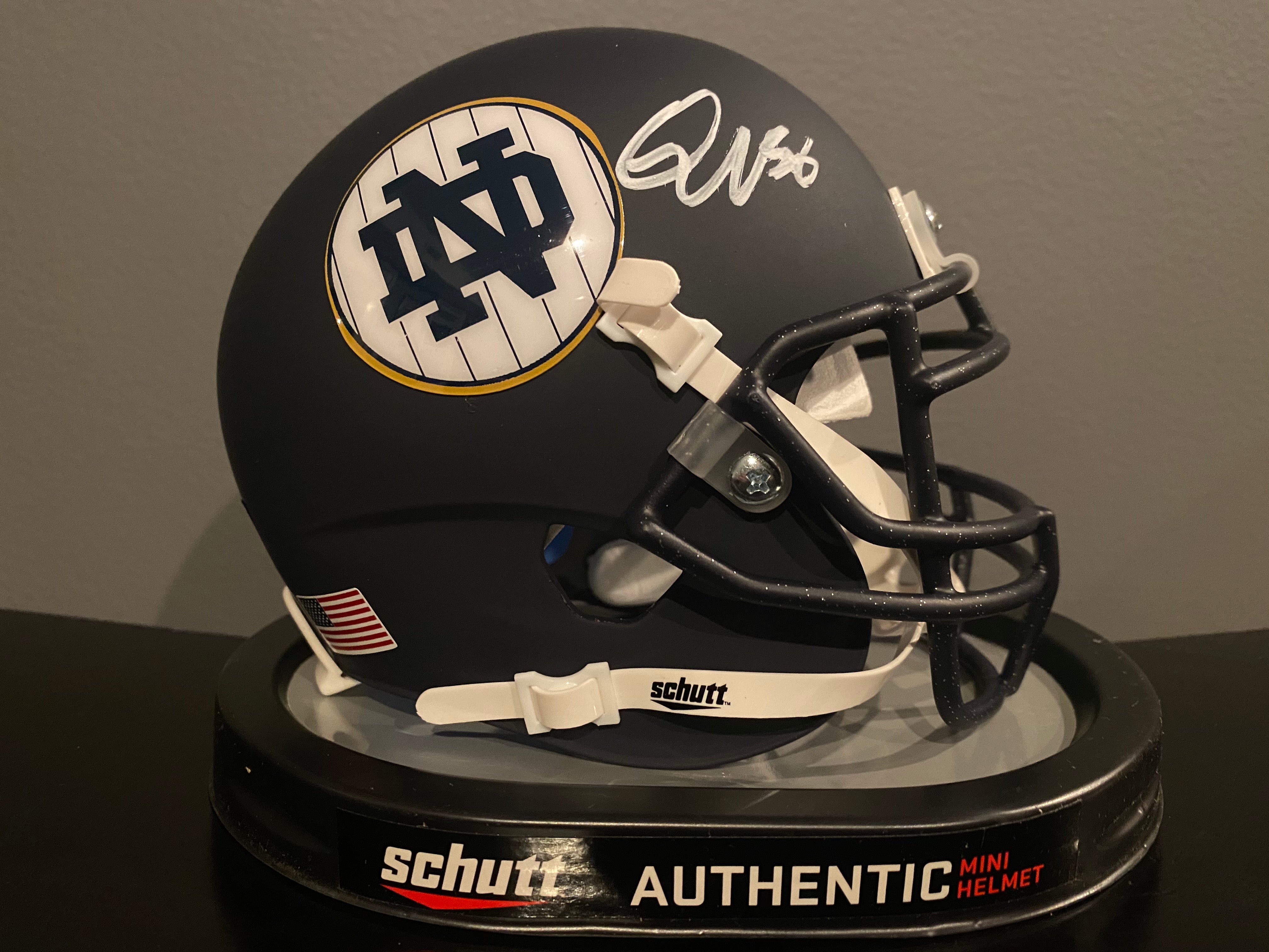 Authentic Quenton Nelson Autographed Notre Dame Fighting Irish 2018 New York Shamrock Series Mini Football Helmet - Collectible Memorabilia for Fans & Sports Enthusiasts, Perfect for Display in Man Cave or Sports Room