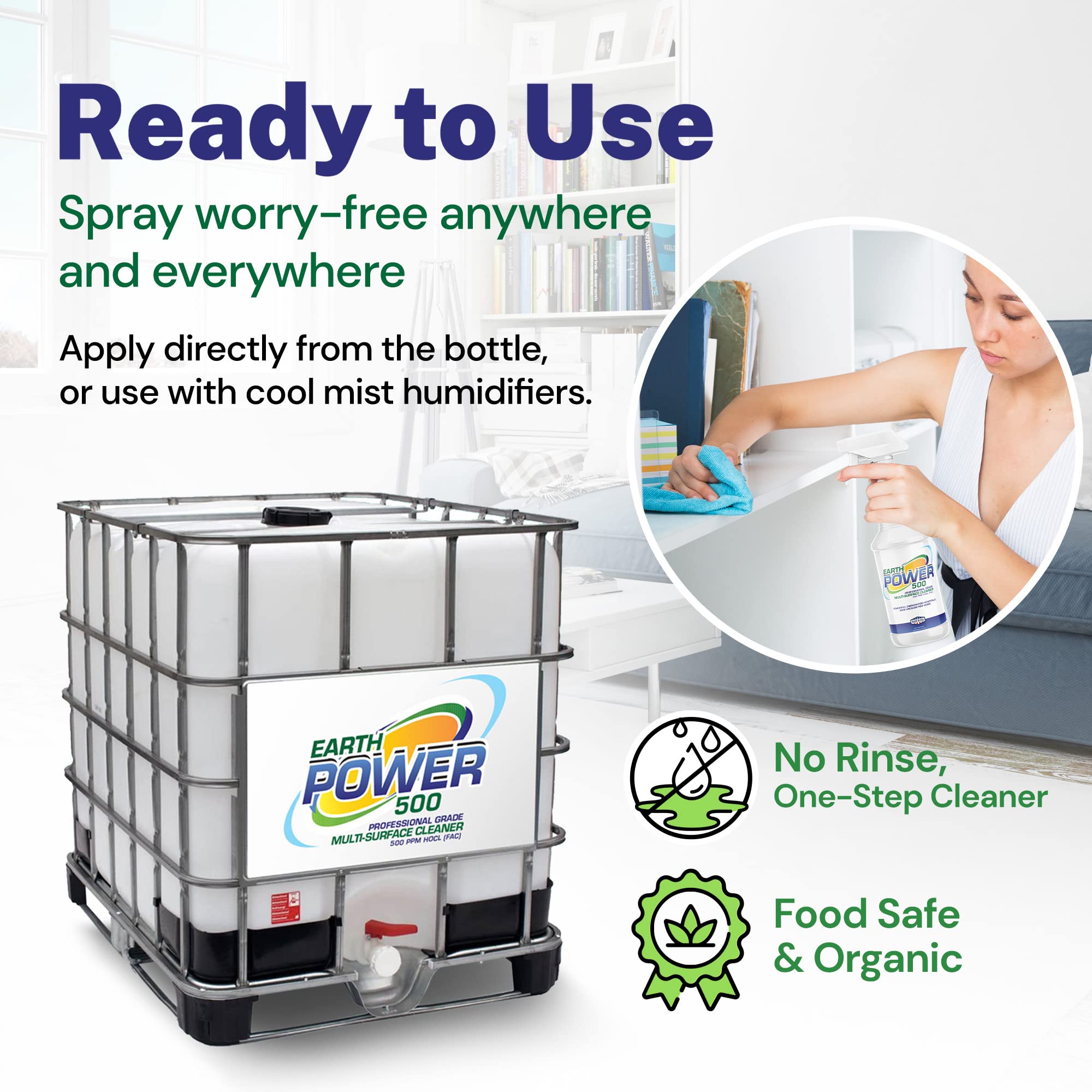 Earth Power Hypochlorous Acid 500 PPM Multipurpose Cleaner | One-Step Disinfectant for Home, Office & Industrial Use | Food Safe, Kid & Pet Friendly Cleaning Solution (275 Gallon) | Perfect for Sanitizing Kitchens, Hospitals, Schools & Public Spaces