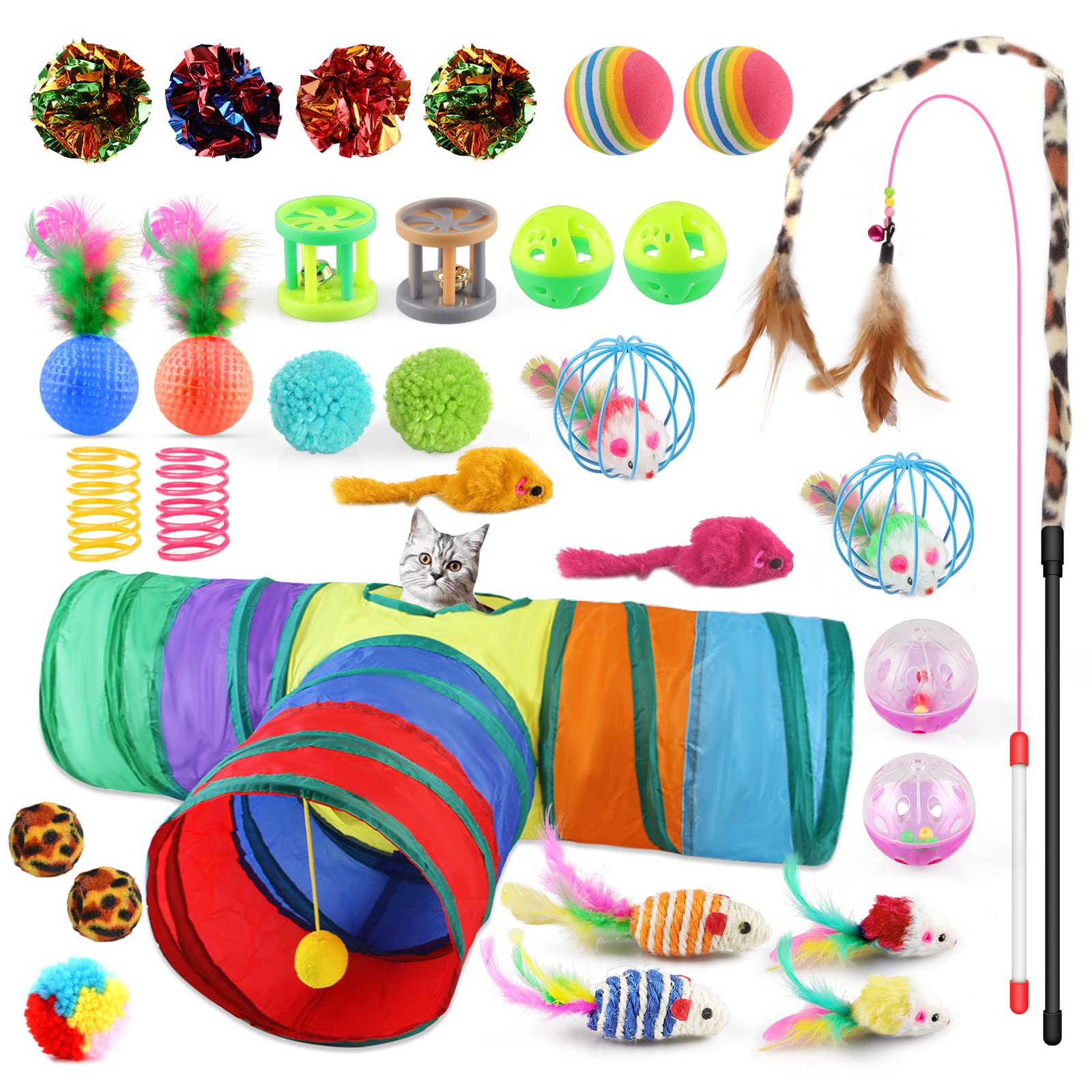 **32-Piece Cat Toys Set - Interactive Kitten Toys with Feather Teaser, Sisal Mice, Bell Balls & Crinkle Balls - Fun Indoor Play for Cats & Kittens - Perfect for Exercise & Bonding**