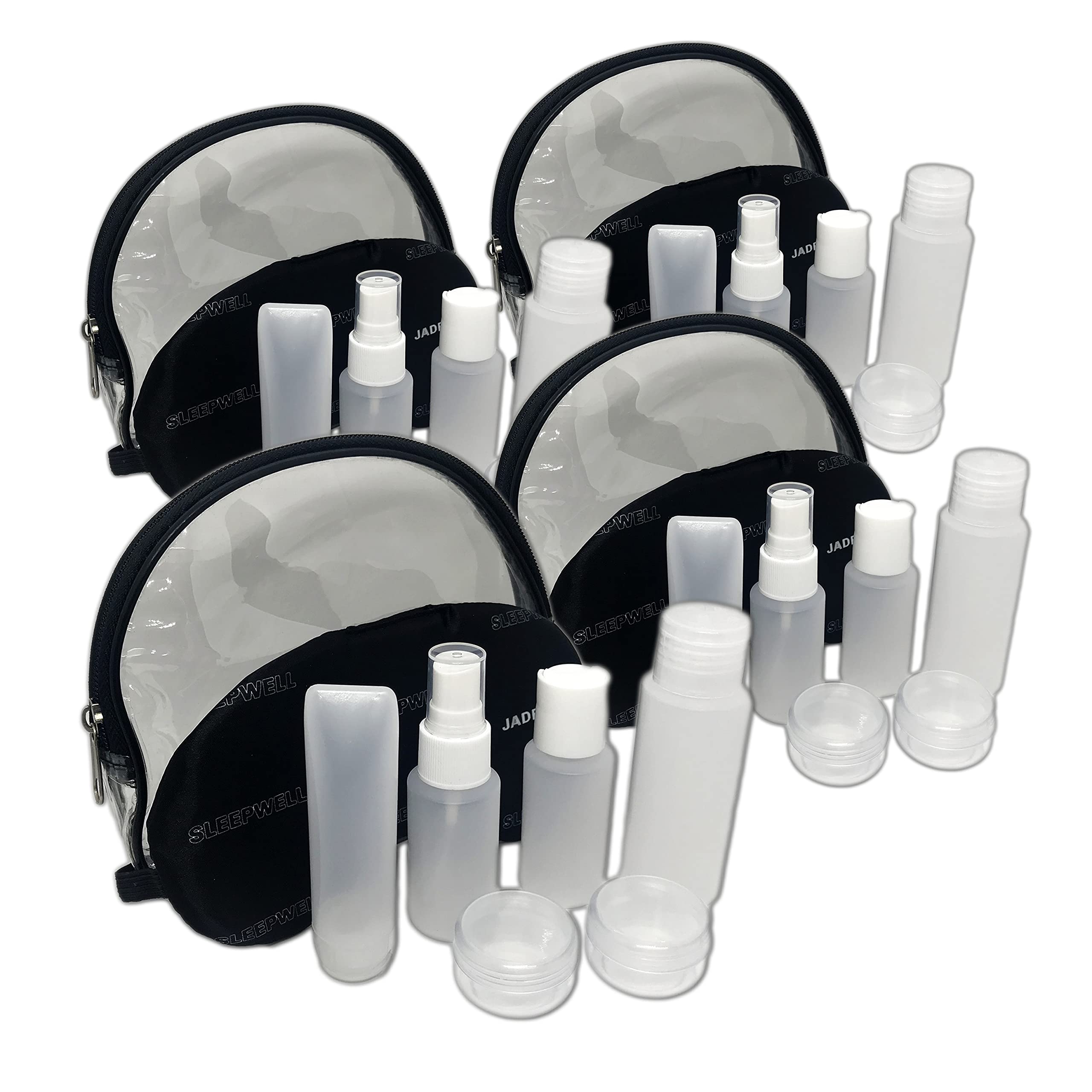 JADEWELL 4 Pack TSA Approved Travel Bottles Set - Leak Proof BPA Free Toiletry Containers for Shampoo, Conditioner, Lotion & Body Wash with Zipper Bag & Eyeshade - Perfect for Airplane Carry-on, Gym, Camping & Business Trips