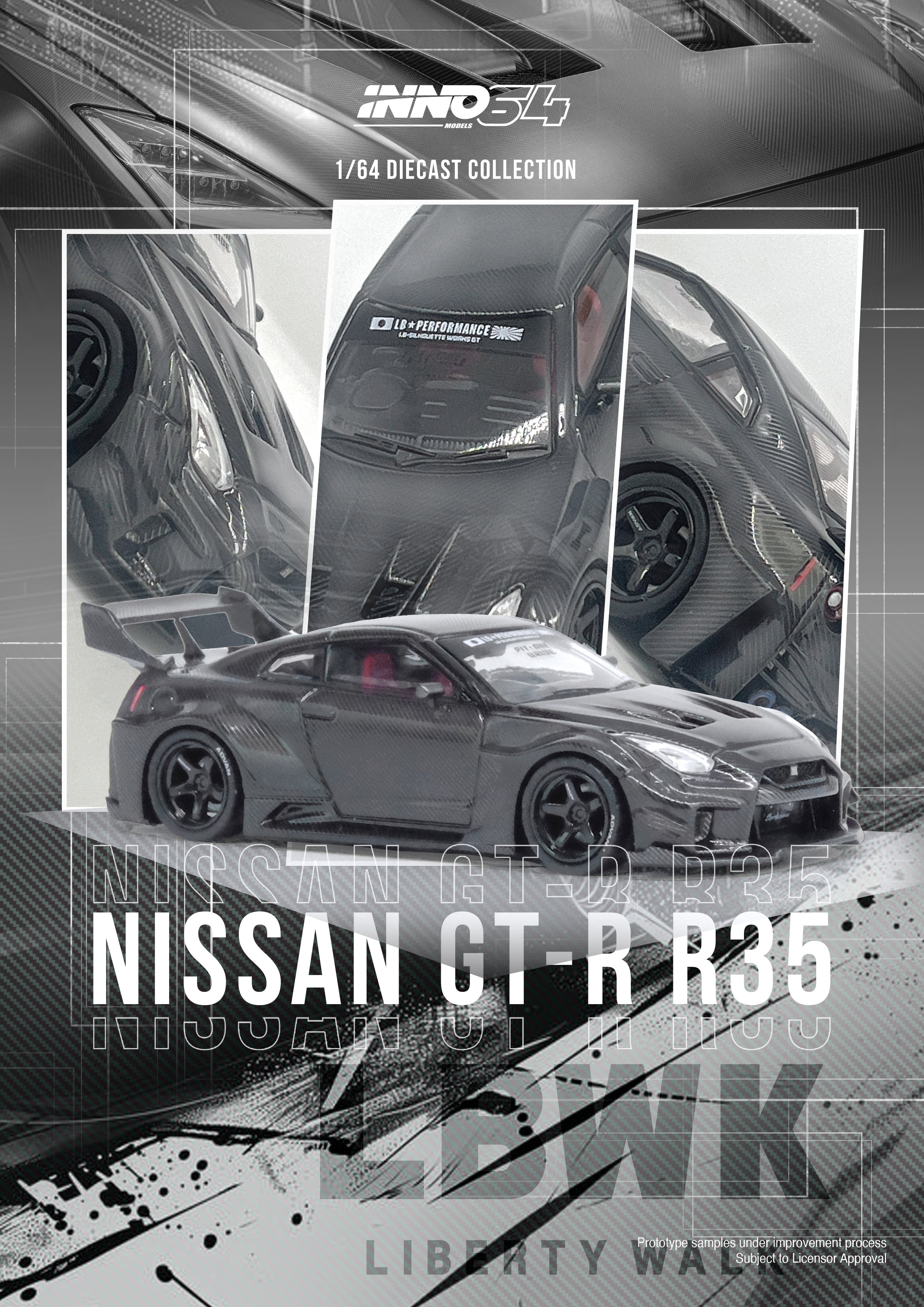 INNO64 1:64 Scale Nissan GT-R R35 LB-Work Super Silhouette 35GT-RR Full Carbon Diecast Model Car - Perfect for Collectors, Display & Racing Enthusiasts