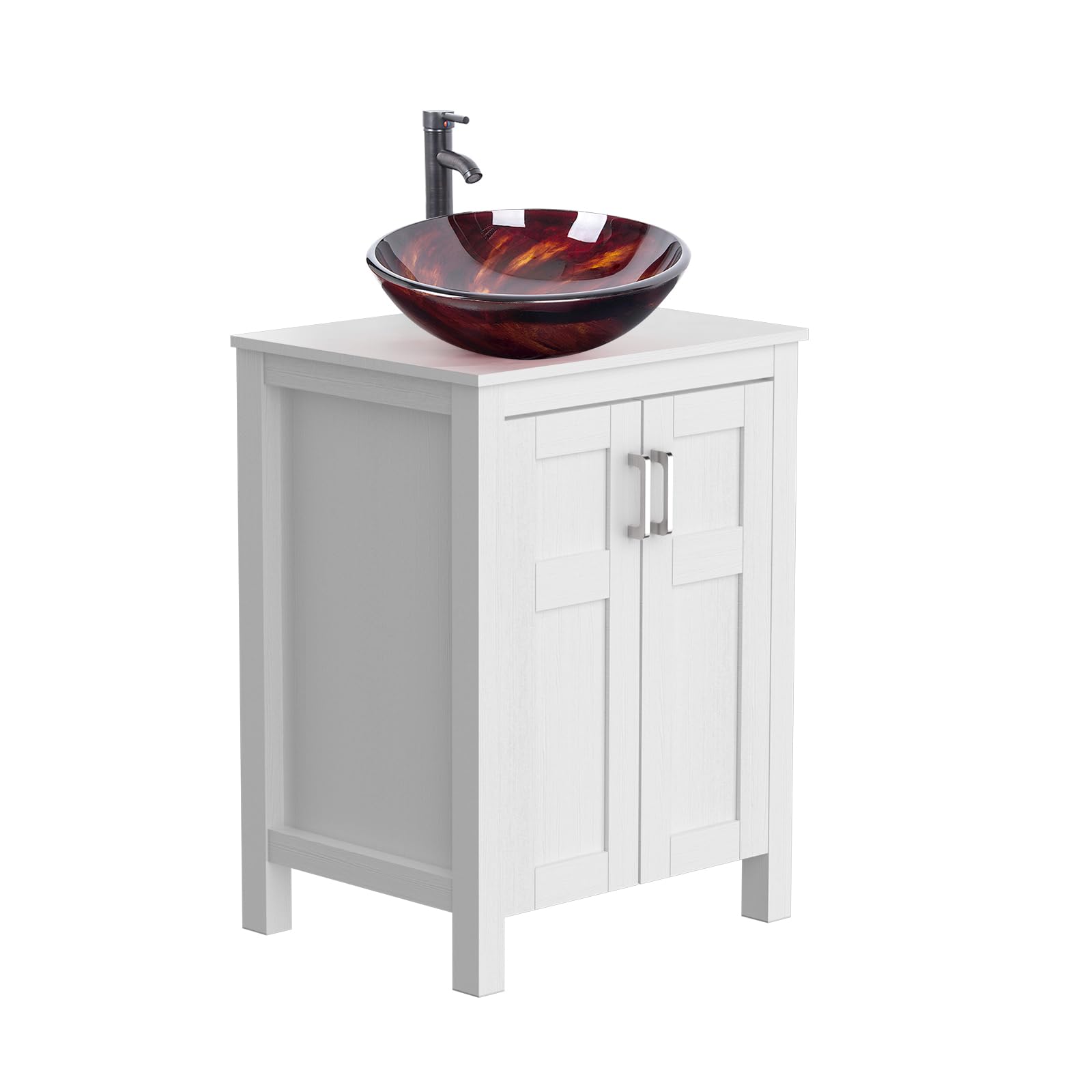 YOURLITE 24 Inch White Traditional Bathroom Vanity Set with Tempered Glass Sink Top & 2-Door Cabinet - Single Faucet Hole - Perfect for Small Bathrooms, Powder Rooms & Guest Baths